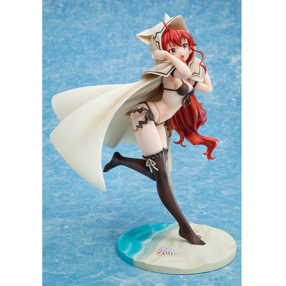 Eris boreas greyrat swimsuit mushoku tensei: jobless reincarnation estatua 1/7.  en mushoku tensei: jobless reincarnation, eris boreas greyrat es una joven noble fogosa con un temperamento explosivo. Como heredera de una familia prestigiosa, creció rodeada de privilegios, pero también de una disciplina estricta, hasta que su camino cambió drásticamente tras conocer a rudeus. Personaje clave de la historia, evoluciona de ser una niña malcriada y de mal genio a convertirse en una joven decidida y más madura. Su trayectoria refleja tanto su fuerte voluntad como su sensibilidad oculta bajo una apariencia dura. Su complicada relación con rudeus y su implacable entrenamiento ponen de relieve su deseo de hacerse más fuerte. La figura la representa con un bañador oscuro de dos piezas con sutiles detalles de lazos y un short a juego. Lleva una gran capa blanca con capucha y orejas estilizadas de gato, que contrastan maravillosamente con su largo cabello rojo ondulado. Sus medias negras hasta los muslos resaltan la elegancia de su silueta. La pose dinámica y la expresión de sorpresa capturan a la perfección su energía y espontaneidad. Fabricada en pvc a escala 1/7, esta figura mide unos 25 centímetros de altura y descansa sobre una base con temática playera con arena esculpida, conchas marinas y detalles de suaves olas. El contraste de texturas entre la tela de la capa, su detallado cabello y el brillante bañador realza el realismo de la pieza.