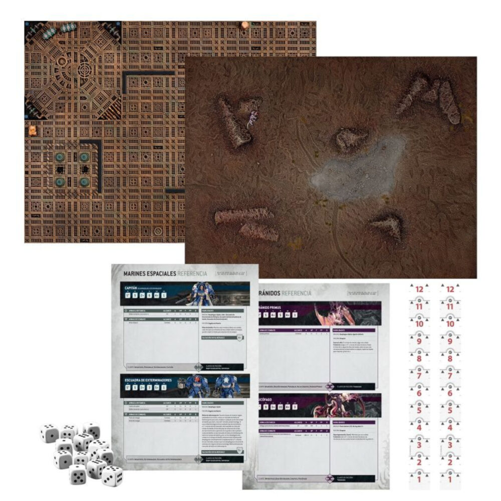 Warhammer 40,000: caja de inicio (español). En el despiadado universo del lejano futuro solo hay guerra. En los dispersos mundos del imperium de la humanidad, en la galaxia asediada por tormentas disformes y conflicto sin fin, los ejércitos de la humanidad luchan por sobrevivir. El imperium está al borde de la aniquilación tras la aparición de las flotas colmena tiránidas procedentes del frío vacío interestelar. Los marines espaciales son la última línea de defensa entre esta voraz amenaza alienígena y los atribulados mundos del reino imperial. Sumérgete en el 41. º milenio con la caja de inicio definitiva de warhammer 40,000, la cual te trae una experiencia introductoria completa con un montón de miniaturas, un campo de batalla sobre el que luchar, manuales de instrucciones y todos los dados que necesitas para jugar tus primeras partidas. Elige entre los superhumanos marines espaciales o los enjambres tiránidos, pásale la vara de mando del otro ejército a un colega o familiar y combate durante horas de apasionante entretenimiento. No hay mejor manera de dar tus primeros pasos en el fascinante mundo de warhammer 40,000. Esta caja es además también ideal para expandir tus colecciones ya existentes.