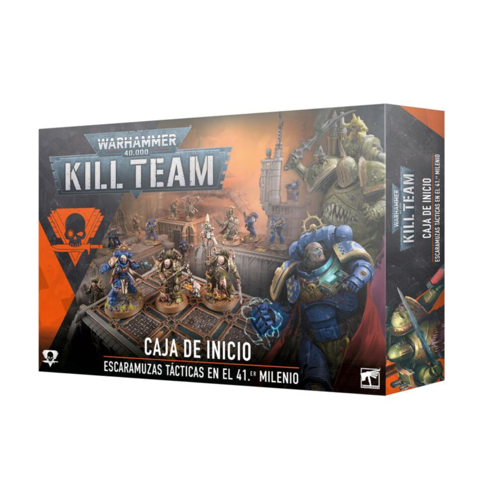 KILL TEAM: CAJA DE INICIO (ESPAÑOL). En el despiadado universo del lejano futuro, los proyectiles explosivos silban en el aire, las espadas sierra se revolucionan ávidas de sangre y los pies blindados golpean contra un suelo accidentado. Aquí y ahora, la batalla depende de la temeridad de un simple puñado de guerreros. ¿Tienes lo que se necesita para comandarlos y llevarlos a la victoria? Kill Team es un juego de mesa lleno de acción con intensas escaramuzas ambientadas en el 41.º Milenio, el telón de fondo de Warhammer 40,000. Esta caja de inicio contiene todo lo que dos jugadores necesitan para dar sus primeros pasos en Kill Team. Contiene dos comandos completos: los sobrehumanos Marines Espaciales de los Ángeles de la Muerte y sus corruptos homólogos, los infectos Marines de Plaga de la Guardia de la Muerte. Además, contiene todas las demás herramientas y accesorios que necesitas y una serie de escenarios introductorios para que te familiarices con los conceptos básicos de las batallas tácticas ultrarrápidas. También trae tres láminas de terreno fabricadas en madera FDM con ilustraciones impresas: solo hay que encajarlas, sin necesidad de pegamento ni pintura, y se desmontan de nuevo fácilmente para guardarlas. Toda la caja se ha diseñado para montarse y estar lista para jugar en tan solo 30 minutos.