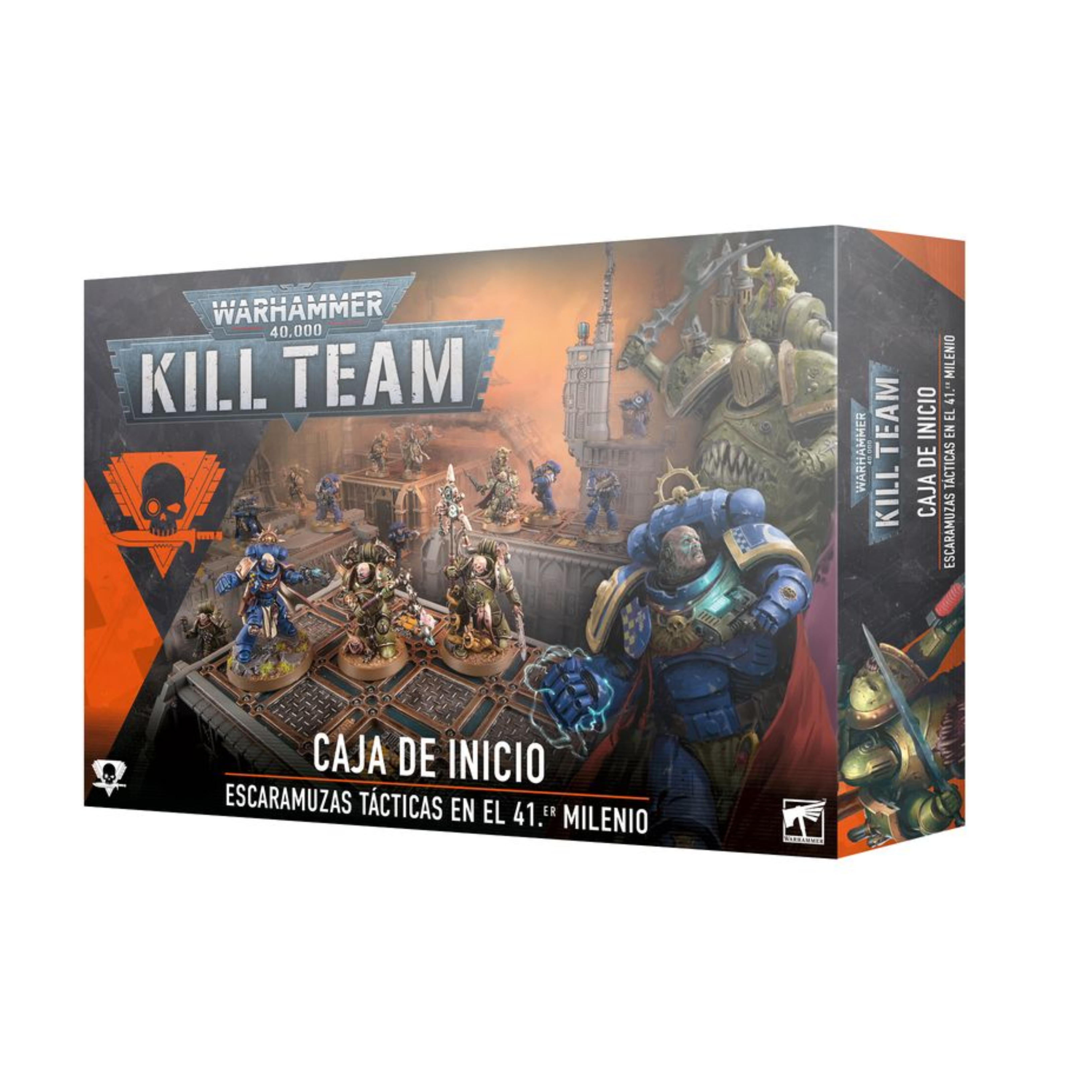 KILL TEAM: CAJA DE INICIO (ESPAÑOL) Kill team: caja de inicio (español). En el despiadado universo del lejano futuro, los proyectiles explosivos silban en el aire, las espadas sierra se revolucionan ávidas de sangre y los pies blindados golpean contra un suelo accidentado. Aquí y ahora, la batalla depende de la temeridad de un simple puñado de guerreros. ¿tienes lo que se necesita para comandarlos y llevarlos a la victoria? Kill team es un juego de mesa lleno de acción con intensas escaramuzas ambientadas en el 41. º milenio, el telón de fondo de warhammer 40,000. Esta caja de inicio contiene todo lo que dos jugadores necesitan para dar sus primeros pasos en kill team. Contiene dos comandos completos: los sobrehumanos marines espaciales de los ángeles de la muerte y sus corruptos homólogos, los infectos marines de plaga de la guardia de la muerte. Además, contiene todas las demás herramientas y accesorios que necesitas y una serie de escenarios introductorios para que te familiarices con los conceptos básicos de las batallas tácticas ultrarrápidas. También trae tres láminas de terreno fabricadas en madera fdm con ilustraciones impresas: solo hay que encajarlas, sin necesidad de pegamento ni pintura, y se desmontan de nuevo fácilmente para guardarlas. Toda la caja se ha diseñado para montarse y estar lista para jugar en tan solo 30 minutos.