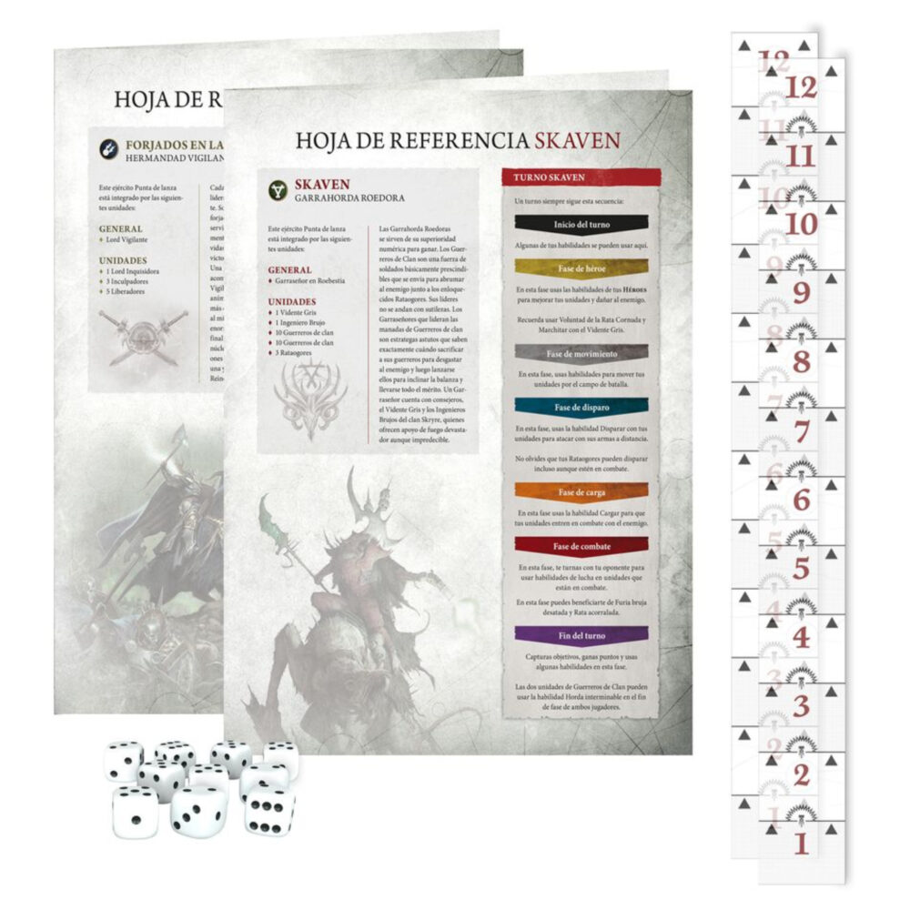 Age of sigmar: caja de inicio (español).  la era de sigmar es una era de guerra sin fin. Durante siglos, los formidables forjados en la tormenta han luchado contra las fuerzas del mal. Ahora se enfrentan a su momento más oscuro, con las malvadas hordas de los skaven amenazando con destruir los reinos mortales. Este set es ideal para empezar con warhammer age of sigmar, un apasionante universo de fantasía del que puedes formar parte coleccionando ejércitos, pintándolos y combatiendo con tus amistades. El manual de 64 páginas contiene todo lo que necesitas para empezar con todos los aspectos de este emocionante hobby; aprenderás a montar y pintar tus miniaturas, descubrir el universo al que pertenecen y disputar con ellas tus primeras batallas.