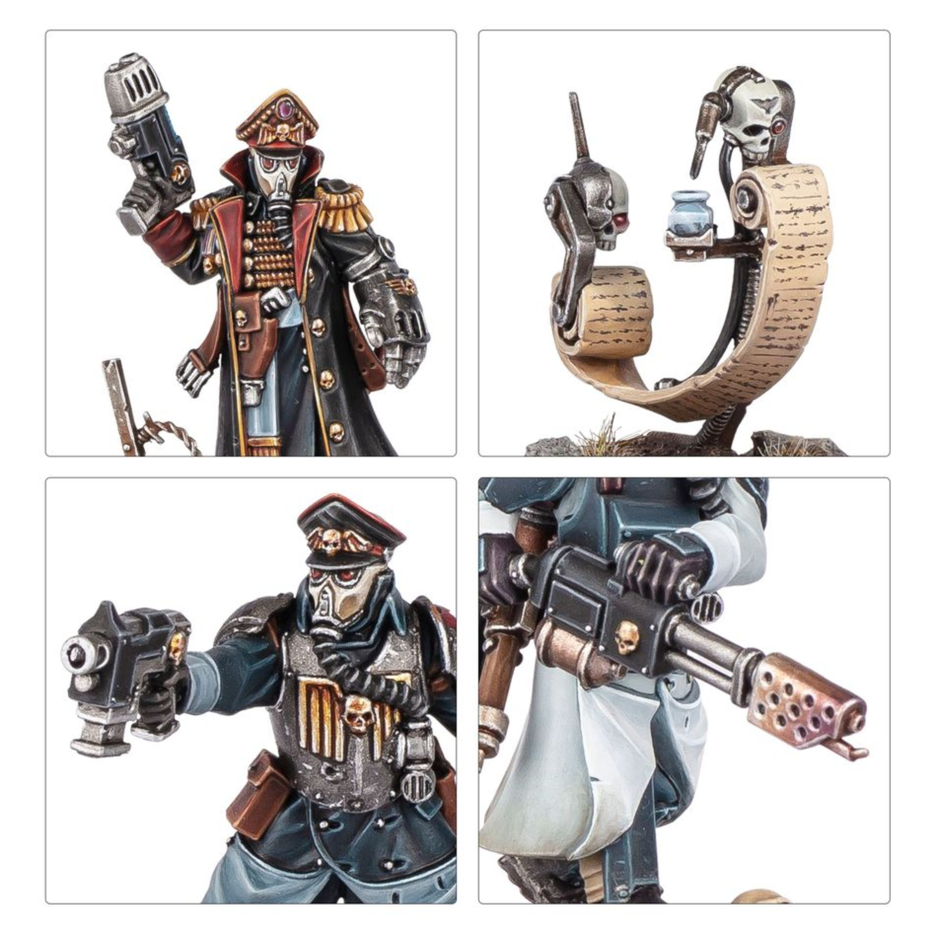 ASTRA MILITARUM KRIEG COMMAND SQUAD WARHAMMER 40,000 Astra militarum krieg command squad warhammer 40,000. Las escuadras de mando de krieg están dirigidas por representantes del officio prefectus, normalmente un comisario de alto rango asistido por un séquito de veteranos y oficiales subalternos. Lideran sus tropas desde primera línea y con frecuencia los encontrarás en los combates más intensos. Con este kit multicomponente de plástico puedes montar una escuadra de mando de krieg para incluirlo en tus ejércitos del astra militarum en partidas de warhammer 40,000. La unidad está compuesta por un lord comisario, cinco guardias veteranos y un servoescriba; una importante incorporación de especialistas para tu fuerza. El lord comisario puede equiparse con una pistola de plasma o un látigo en su brazo derecho, y con un puño de energía o una espada de energía envainada y señalando con su otro brazo. También puedes montar a uno de los guardias veteranos de tu unidad con una pistola láser, una pistola bólter o una pistola de plasma en la mano derecha, y con una espada sierra, arma de energía o garrote de trinchera en la izquierda. Otro guardia puede equiparse con un bólter, un rifle de plasma, un rifle de fusión o un lanzagranadas, y elegir entre dos accesorios opcionales para llevar en la mochila: granadas o munición para el lanzagranadas. Los otros guardias llevan el estandarte del regimiento, el vocomaestro y los contraagentes alquímicos, respectivamente. También hay una gama de accesorios estéticos, como palas, para decorar aún más tus miniaturas. El kit contiene 81 piezas de plástico, 6 peanas redondas citadel de 25 mm y 1 peana redonda citadel de 32 mm. También incluye una hoja con 803 calcomanías al agua de los korps de la muerte de krieg para personalizar tus miniaturas. Las miniaturas se proporcionan sin montar ni pintar. Recomendamos usar pegamento para plástico citadel y pinturas citadel colour.