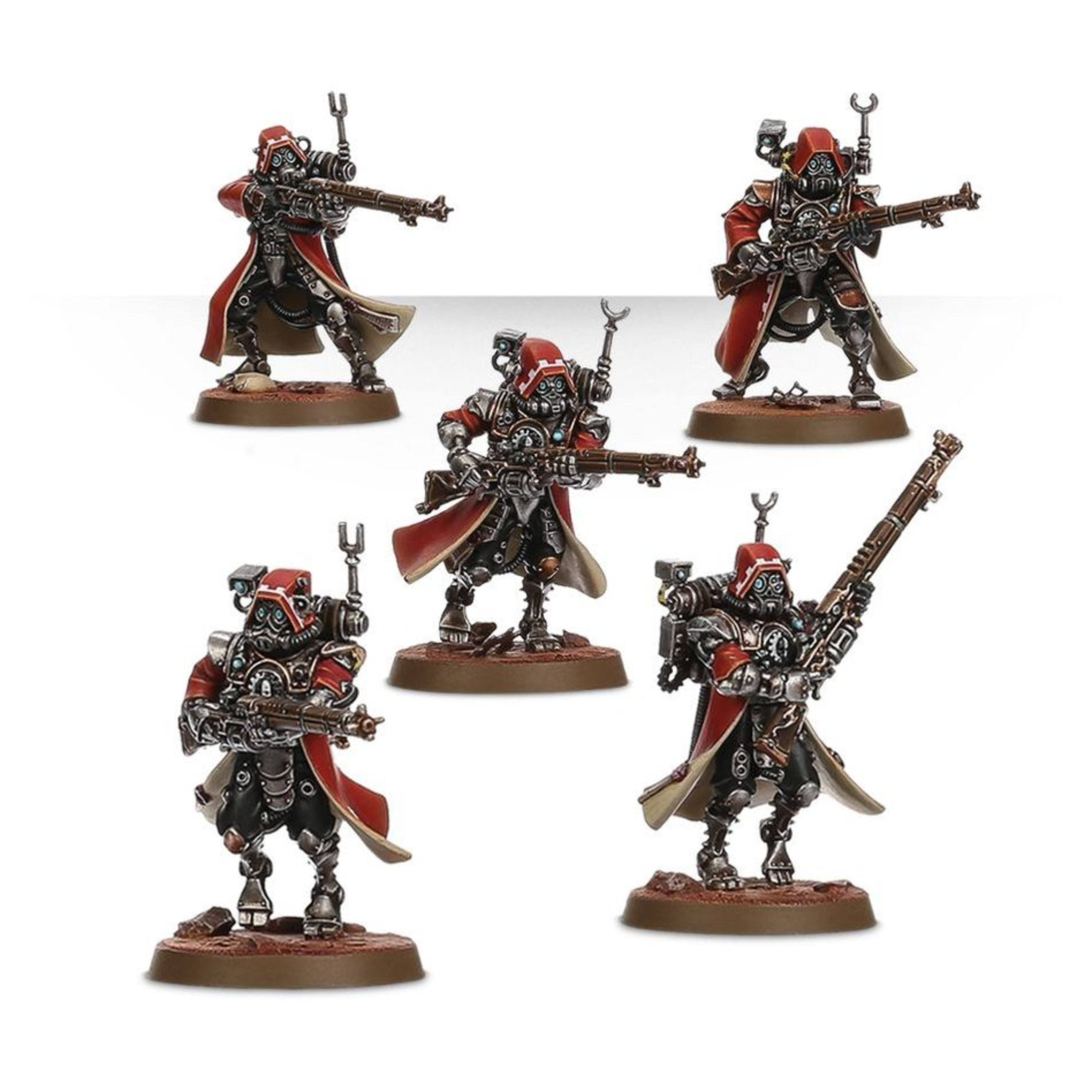 ADEPTUS MECHANICUS SKITARII WARHAMMER 40,000 Adeptus mechanicus skitarii warhammer 40,000. Los rangers de los skitarii reúnen ls energías de los mundos forja en su armamento y son cazadores implacables. Para ellos, el enfrentamiento no ha acabado hasta que su enemigo ha sido destruido; incluso si eso implica rastrearle a través de las galaxias durante décadas. Los skitarii rangers acechan a su presa con rifles galvánicos y lucen sus máscaras de gas y capuchas. Cada uno de ello está cubierto por una armadura skitarii sellada, blasonada con el símbolo del adeptus mechanicus y llena de sensores recolectores de datos, antenas y monitores ambientales. Conscients del duro terreno de marte, sus piernas se han amputado de rodillas hacia abajo y se han sustituido con reemplazos biónicos de mejora cibernética. La unidad puede incluir un alpha, armado con una pistola voltáica o radium y un arma de cuerpo a cuerpo (que puede ser una espada de energía una vara taser o una maza voltáica) y tres miniaturas pueden usar armas especiales. Tienes disponible un arcabuz transuránico, un rifle voltaico, y un caliver de plasma. Este último incluye una cabeza y mochila específica. Una miniatura se puede convertir en alpha y usar una cadena de datos mejorada o un omnispex, la caja muestra realmente la naturaleza obsesiva a la hora de recoger datos del adeptus mechanicus. Esta caja de plástico multicomponente contiene todo lo que necesitas para montar diez skitarii rangers o diez skitarii vanguard. En la caja se incluyen 124 componentes: veintitrés cabezas, doce de las cuales son variantes de yelmo/respirador vanguard, veinticinco armas, una hoja de calcomanías, una peana ovalada de 60x35. 5mm y diez peanas redondas de 25mm. Las miniaturas se proporcionan sin montar ni pintar. Recomendamos usar pegamento para plástico citadel y pinturas citadel colour.