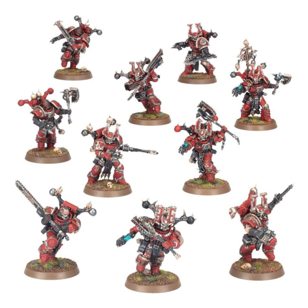 WORLD EATERS KHORNE BERZERKERS WARHAMMER 40,000. Los Bersérkeres de Khorne se deleitan en su rol de sagrados destructores del Dios de la Sangre, y su fanatismo es temido en toda la galaxia. La ira disforme de estos guerreros superlativos les lleva a un frenesí asesino en movimiento. Aquellos que les hacen frente en batalla son masacrados bajo una lluvia de furiosos golpes de armas sierra, cada uno de ellos lo bastante poderoso como para cercenar extremidades, decapitar cabezas y atravesar las placas de armadura pesada. Este kit de plástico multicomponente permite montar 10 Bersérkeres de Khorne, arietes transhumanos implantados con clavos de Carnicero inductores de furia. Cada uno de estos guerreros está armado con una arma sierra de Bersérker (diversos modelos de hachas sierra y espadas sierra), además de una pistola bólter. Este kit incluye componentes para equipar hasta a dos Bersérkeres con evisceradores a dos manos, a otro con dos pistolas de plasma, y añadir a tu escuadra un icono Bersérker rematado por un cráneo. También puedes montar un Campeón Bersérker, que incluye opciones adicionales de cabezas y hombreras, y puede armarse con una pistola de plasma propia. En esta caja encontrarás un montón de opciones de montaje intercambiables, incluyendo mochilas de energía, hombreras con diseños grabados y 26 cabezas únicas, divididas entre yelmos con cresta y caras descubiertas, a fin de asegurar que no haya dos Bersérkeres iguales en tu banda de Devoradores de Mundos. Este kit consta de 141 componentes de plástico, e incluye 10 peanas redondas Citadel de 32mm. También se incluye una hoja de calcomanías de los Devoradores de Mundos con 200 transferibles de simbología de Khorne, tatuajes rúnicos, estrellas de ocho puntas, cráneos y variaciones del icono de la Legión de los Devoradores de Mundos. Estas miniaturas se suministran sin pintar y requieren montaje. Recomendamos usar pegamento para plástico Citadel y pinturas Citadel Colour.