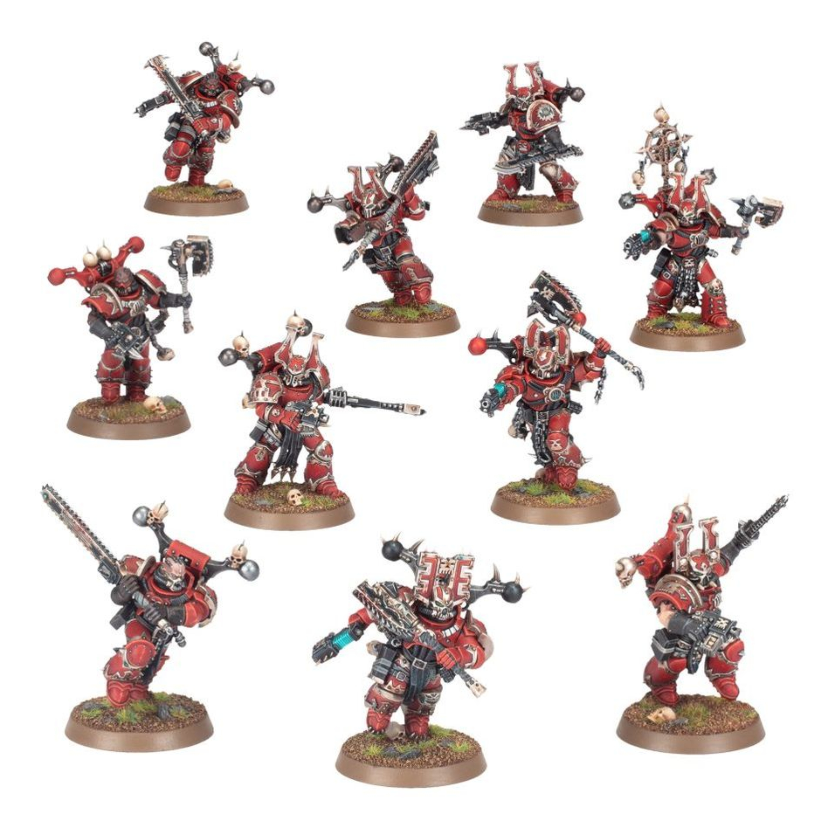 WORLD EATERS KHORNE BERZERKERS WARHAMMER 40,000 World eaters khorne berzerkers warhammer 40,000. Los bersérkeres de khorne se deleitan en su rol de sagrados destructores del dios de la sangre, y su fanatismo es temido en toda la galaxia. La ira disforme de estos guerreros superlativos les lleva a un frenesí asesino en movimiento. Aquellos que les hacen frente en batalla son masacrados bajo una lluvia de furiosos golpes de armas sierra, cada uno de ellos lo bastante poderoso como para cercenar extremidades, decapitar cabezas y atravesar las placas de armadura pesada. Este kit de plástico multicomponente permite montar 10 bersérkeres de khorne, arietes transhumanos implantados con clavos de carnicero inductores de furia. Cada uno de estos guerreros está armado con una arma sierra de bersérker (diversos modelos de hachas sierra y espadas sierra), además de una pistola bólter. Este kit incluye componentes para equipar hasta a dos bersérkeres con evisceradores a dos manos, a otro con dos pistolas de plasma, y añadir a tu escuadra un icono bersérker rematado por un cráneo. También puedes montar un campeón bersérker, que incluye opciones adicionales de cabezas y hombreras, y puede armarse con una pistola de plasma propia. En esta caja encontrarás un montón de opciones de montaje intercambiables, incluyendo mochilas de energía, hombreras con diseños grabados y 26 cabezas únicas, divididas entre yelmos con cresta y caras descubiertas, a fin de asegurar que no haya dos bersérkeres iguales en tu banda de devoradores de mundos. Este kit consta de 141 componentes de plástico, e incluye 10 peanas redondas citadel de 32mm. También se incluye una hoja de calcomanías de los devoradores de mundos con 200 transferibles de simbología de khorne, tatuajes rúnicos, estrellas de ocho puntas, cráneos y variaciones del icono de la legión de los devoradores de mundos. Estas miniaturas se suministran sin pintar y requieren montaje. Recomendamos usar pegamento para plástico citadel y pinturas citadel colour.