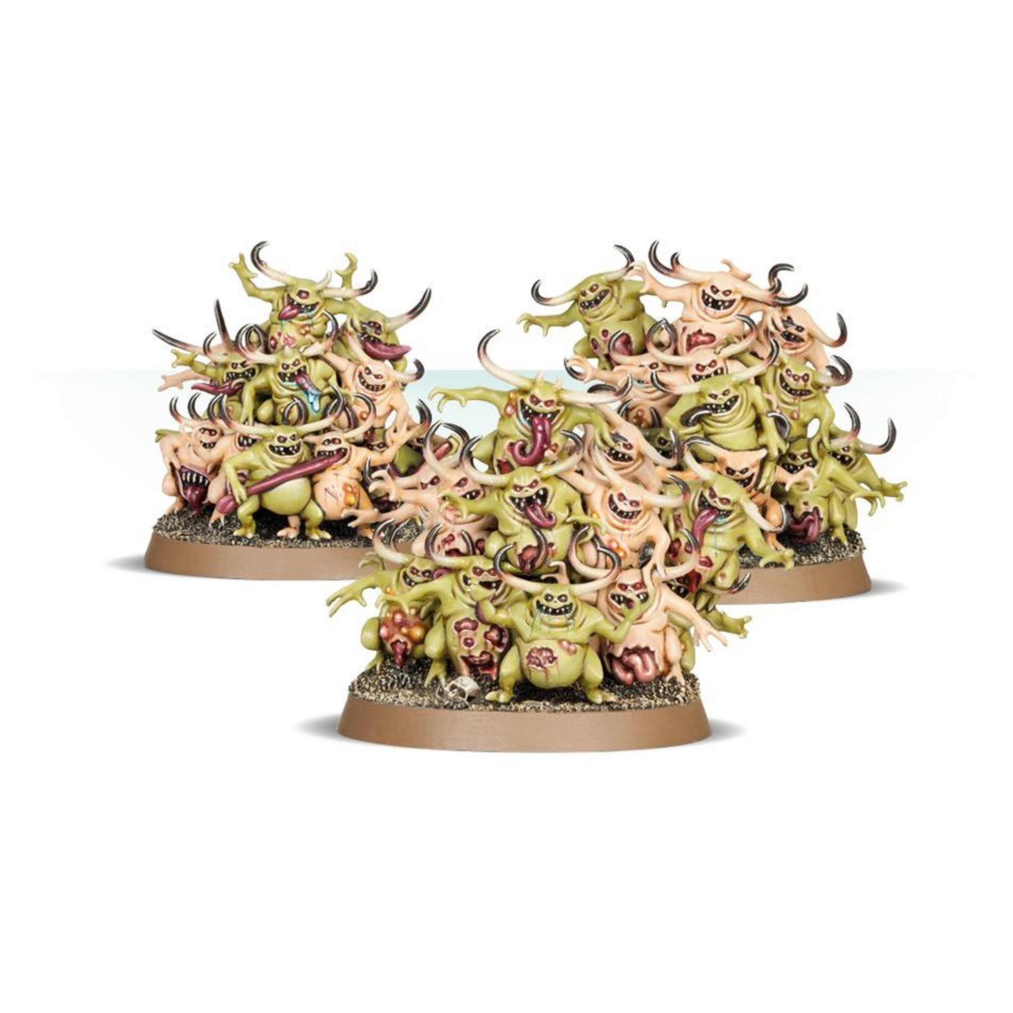 MAGGOTKIN OF NURGLE NURGLINGS WARHAMMER AGE OF SIGMAR Maggotkin of nurgle nurglings warhammer age of sigmar. Los nurgletes son ácaros de plaga que surcan el campo de batalla en risueños enjambres. Estos diablillos asquerosos podrían antojarse divertidos desde la distancia, pero la ilusión se rompe cuando se abalanzan sobre sus víctimas en una rancia avalancha de colmillos afiladísimos, garras asquerosas y carne abotargada. Con este kit multicomponente de plástico puedes montar tres peanas de nurgletes, pilas de daemons diminutos para tus ejércitos de guardia de la muerte o daemons del caos de warhammer 40,000 o de agusanados de nurgle de warhammer age of sigmar. Compensan su escasa fuerza con grandes números, lo que los hace ideales para trabar unidades enemigas o reclamar objetivos vitales. Cada enjambre tiene filas delanteras, traseras y centrales, cada una formada por pequeñas bestias cornudas cubiertas de llagas, cortes y bultos. Vienen en una variedad de poses cargadas de personalidad que te permiten montar 27 combinaciones únicas de torres de nurgletes, con nurgletes individuales adicionales para decorar las peanas del resto de tu ejército. El kit contiene 16 piezas de plástico y 3 peanas redondas citadel de 40 mm. Las miniaturas se proporcionan sin montar ni pintar. Recomendamos usar pegamento para plástico citadel y pinturas citadel colour.
