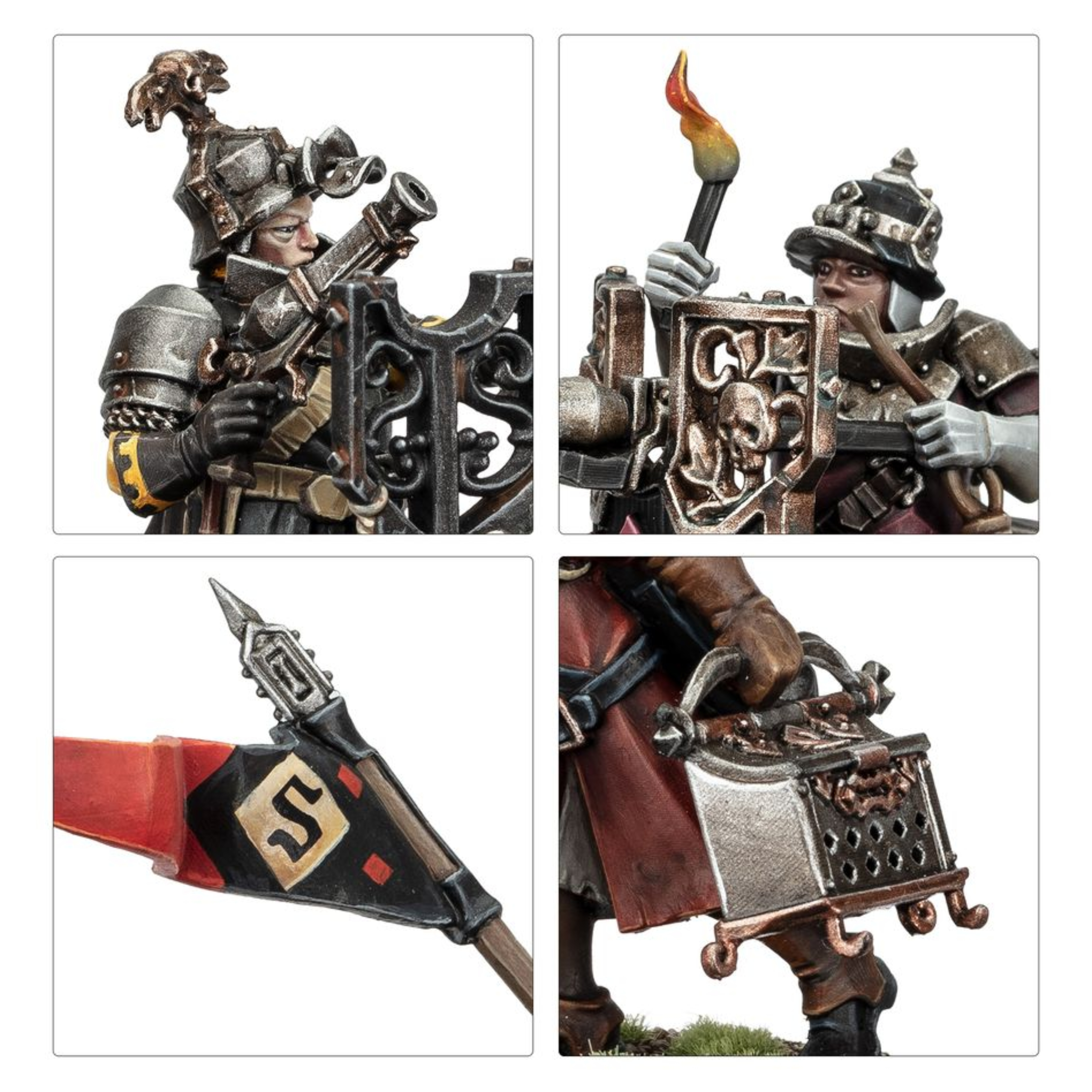 CITIES OF SIGMAR FREEGUILD FUSILIERS WARHAMMER AGE OF SIGMAR Cities of sigmar freeguild fusiliers warhammer age of sigmar. Los fusileros del gremio libre son tiradores disciplinados que están entrenados para formar una línea defensiva con sus pesados paveses y crear una fortaleza almenada en el campo de batalla. Desde esa posición, los fusileros pueden lanzar salvas ininterrumpidas con sus recios fusiles cañón, que escupen proyectiles letales abrasadores y nubes de pólvora. Este kit de varias piezas de plástico permite crear 10 fusileros del gremio libre, acompañados de un escudero polvoranegra. Cada fusilero lleva un pesado pavés, en el que colocan un fusil cañón dotado de una bayoneta. Puedes montar una miniatura como sargento fusilero, armado con una ristra de pistolas o con un fusil de sacrificio de triple cañón, y otra miniatura como heraldo fusilero, con un estandarte y una antorcha decorada con diferentes iconos y llamas. El escudero polvoranegra que los acompaña recorre la línea de fuego de un lado a otro para suministrar munición y pólvora donde hagan falta. El kit ofrece numerosas cabezas, posturas y diseños de escudos diferentes, todos ellos intercambiables entre las miniaturas, así como dos curiosas criaturas gargolianas. De este modo, tus fuerzas del gremio libre serán diferentes y variadas, independientemente de cuántos fusileros reclutes. El kit incluye 115 componentes de plástico, 10 peanas citadel redondas de 28,5 mm y una peana citadel redonda de 25 mm. También contiene una hoja de calcomanías de ciudades de sigmar con 410 iconos de ciudades libres, sellos de cultos sigmaritas y otros tipos de heráldica. Las miniaturas se suministran sin montar ni pintar. Recomendamos usar pegamento citadel plastic glue y pinturas citadel colour.