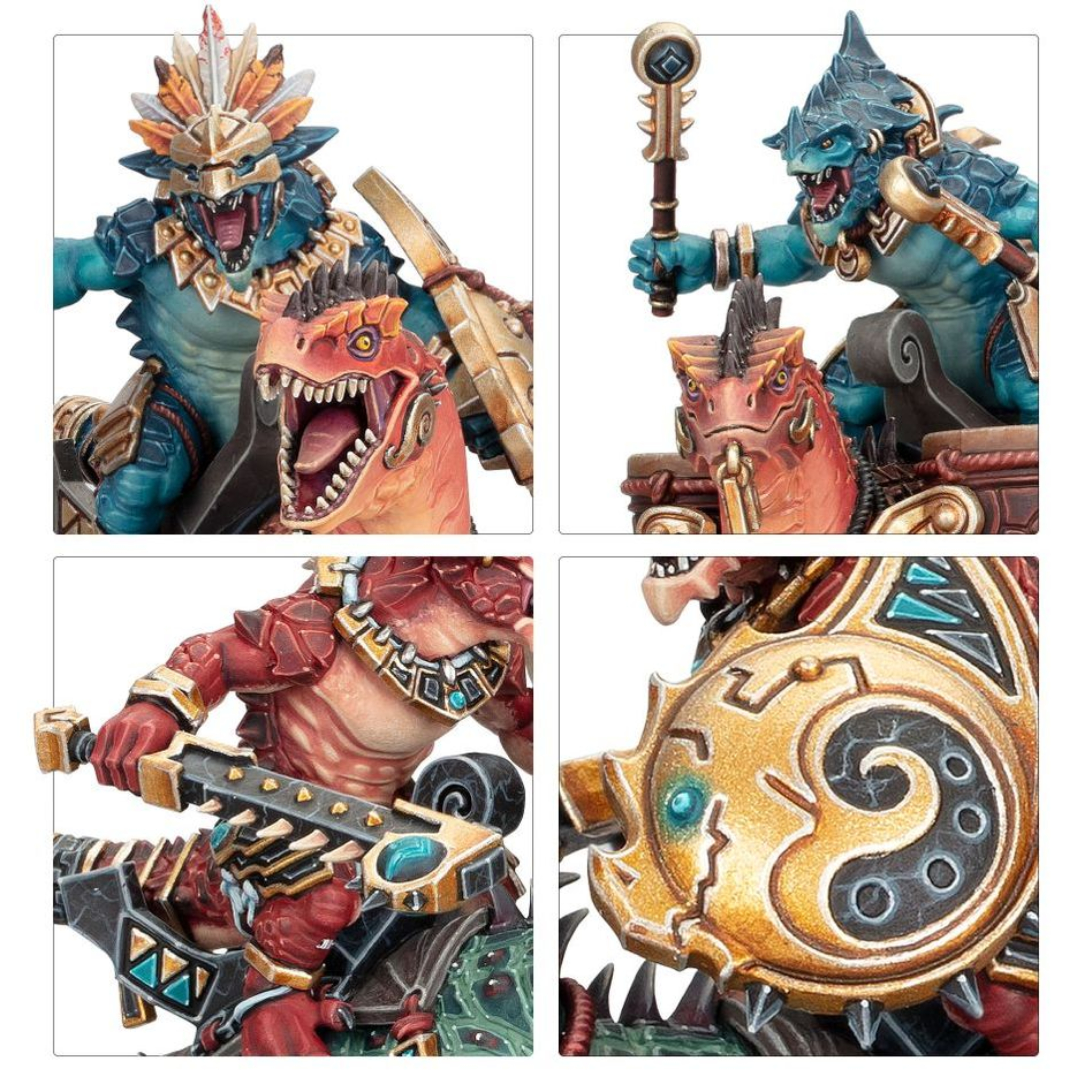 SERAPHON AGGRADON LANCERS WARHAMMER AGE OF SIGMAR Seraphon aggradon lancers warhammer age of sigmar. Los lanceros de agradón es una de las caballerías más agresivas de los reinos mortales, ya que sus temibles corceles escamosos solo se vuelven más rápidos y voraces a medida que el frenesí de la batalla se apodera de sus sentidos. Una carga de lanceros en agradón puede colapsar líneas de batalla enteras en una tormenta de violencia depredadora, donde jinetes y monturas arremeten con una fuerza y ferocidad salvajes. Con este kit de plástico multicomponente puedes montar tres lanceros en agradón: una formidable y sanguinaria caballería de los serafones. Todos los jinetes saurios pueden estar armados con un garrote de celestita con púas o una lanza de celestita perforante, y cada uno viene con dos collares blindados para que elijas las poses. Puedes montar una miniatura como campeón alfa, con una selección de cabezas y armas únicas, poses de brazos alternativas y un escudo único, uno como músico de tambor de guerra y otro como un imponente portaiconos. El kit ofrece un gran número de opciones de personalización: seis cabezas y tres escudos que se pueden usar con cualquiera de los jinetes, así como colas intercambiables, placas de armadura y adornos de plumas para los agradones, lo que te permite crear una lista variada de jinetes y corceles reptilianos. Este kit consta de 95 componentes de plástico y viene con tres peanas ovaladas citadel de 75x42 mm. Estas miniaturas requieren montaje y pintado. Recomendamos utilizar pegamento para plástico citadel y pinturas citadel colour.