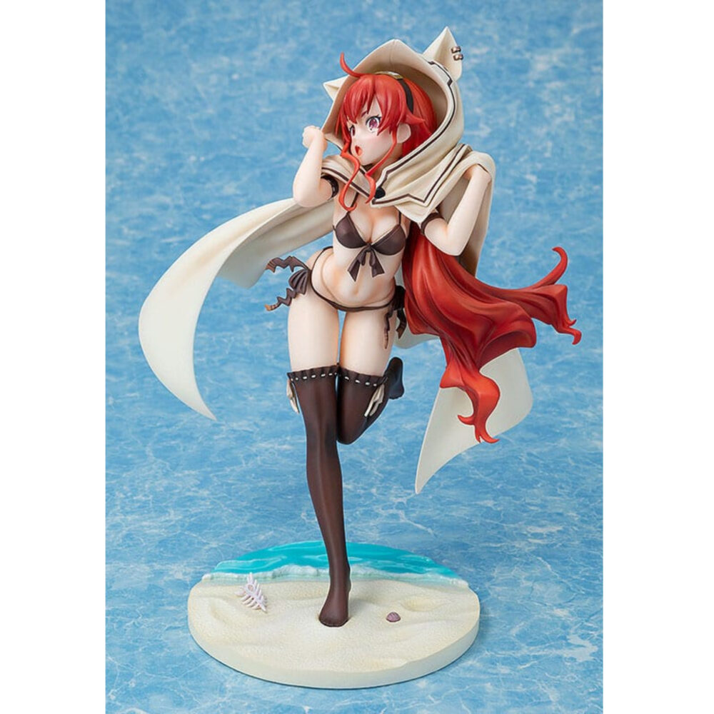 Eris boreas greyrat swimsuit mushoku tensei: jobless reincarnation estatua 1/7.  en mushoku tensei: jobless reincarnation, eris boreas greyrat es una joven noble fogosa con un temperamento explosivo. Como heredera de una familia prestigiosa, creció rodeada de privilegios, pero también de una disciplina estricta, hasta que su camino cambió drásticamente tras conocer a rudeus. Personaje clave de la historia, evoluciona de ser una niña malcriada y de mal genio a convertirse en una joven decidida y más madura. Su trayectoria refleja tanto su fuerte voluntad como su sensibilidad oculta bajo una apariencia dura. Su complicada relación con rudeus y su implacable entrenamiento ponen de relieve su deseo de hacerse más fuerte. La figura la representa con un bañador oscuro de dos piezas con sutiles detalles de lazos y un short a juego. Lleva una gran capa blanca con capucha y orejas estilizadas de gato, que contrastan maravillosamente con su largo cabello rojo ondulado. Sus medias negras hasta los muslos resaltan la elegancia de su silueta. La pose dinámica y la expresión de sorpresa capturan a la perfección su energía y espontaneidad. Fabricada en pvc a escala 1/7, esta figura mide unos 25 centímetros de altura y descansa sobre una base con temática playera con arena esculpida, conchas marinas y detalles de suaves olas. El contraste de texturas entre la tela de la capa, su detallado cabello y el brillante bañador realza el realismo de la pieza.