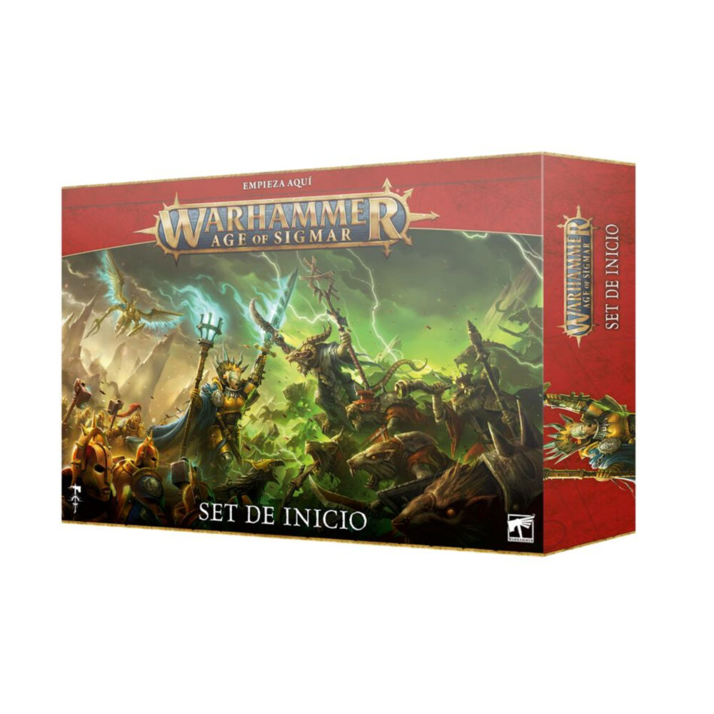 AGE OF SIGMAR: CAJA DE INICIO (ESPAÑOL). La Era de Sigmar es una era de guerra sin fin. Durante siglos, los formidables Forjados en la Tormenta han luchado contra las fuerzas del mal. Ahora se enfrentan a su momento más oscuro, con las malvadas hordas de los Skaven amenazando con destruir los Reinos Mortales. Este set es ideal para empezar con Warhammer Age of Sigmar, un apasionante universo de fantasía del que puedes formar parte coleccionando ejércitos, pintándolos y combatiendo con tus amistades. El manual de 64 páginas contiene todo lo que necesitas para empezar con todos los aspectos de este emocionante hobby; aprenderás a montar y pintar tus miniaturas, descubrir el universo al que pertenecen y disputar con ellas tus primeras batallas.