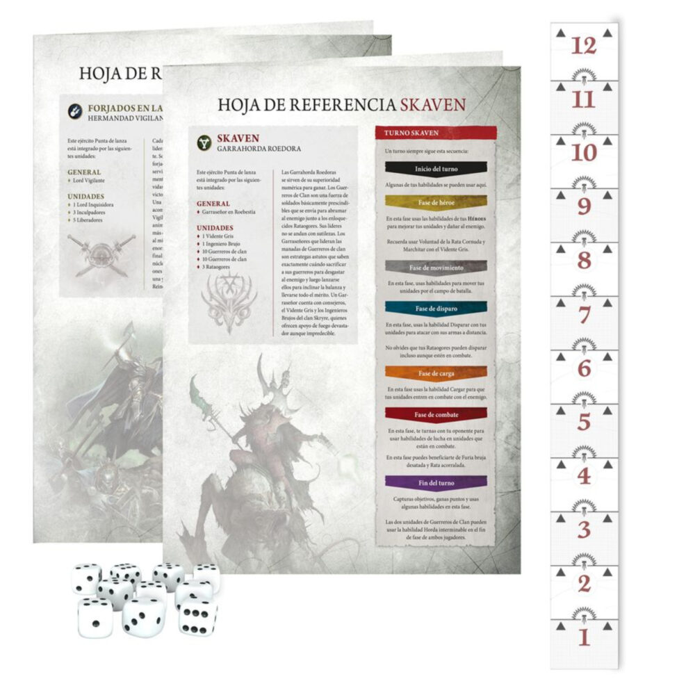 Warhammer age of sigmar: caja de inicio de punta de lanza (español). La era de sigmar es una era de guerra sin fin. Durante siglos, los formidables forjados en la tormenta han luchado contra las fuerzas del mal, pero ahora parece haber llegado la hora de la ruina con incontables hordas de escurridizos skaven inundando los reinos mortales. Tan poderoso es su armamento arcano que el dios rey sigmar ha enviado a sus guerreros más poderosos para frenar la marea. A la cabeza de esta resplandeciente hueste marchan las cámaras de perdición, guerreros que han muerto tantas veces que se parecen más a armas vivientes que a los humanos que protegen. Este set es perfecto para empezar con warhammer age of sigmar, un apasionante universo de fantasía del que puedes formar parte coleccionando ejércitos, pintándolos y combatiendo con tus amistades. El manual de 72 páginas contiene todo lo que necesitas para empezar con todos los aspectos de este emocionante hobby; aprenderás a montar y pintar tus miniaturas, descubrirás el universo al que pertenecen y disputarás con ellas emocionantes batallas. También incluye el libro punta de lanza: fuego y jade, que contiene todas las reglas adicionales que necesitas para jugar al vertiginoso modo de juego punta de lanza, junto con un tapete de juego de dos caras en el que jugar tus partidas de punta de lanza. Incluso encontrarás dos fuerzas completas de punta de lanza, para que te lances a jugar partidas tácticas e intensas desde el primer momento.