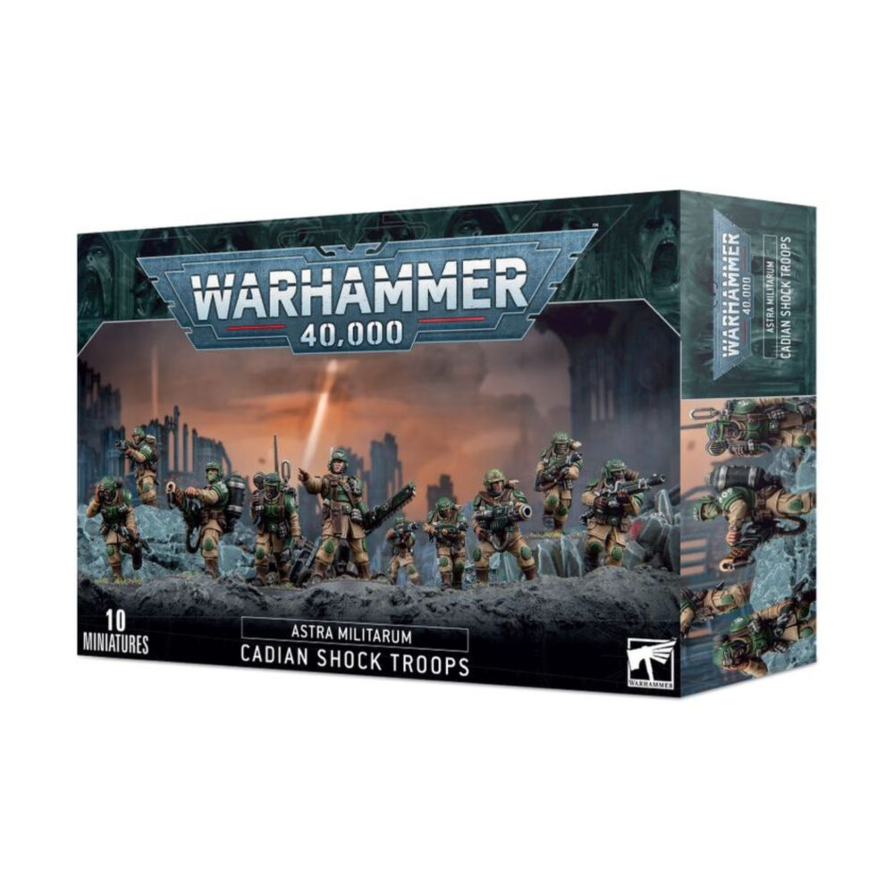 ASTRA MILITARUM: CADIAN SHOCK TROOPS WARHAMMER 40,000. Soldados natos, las Tropas de Choque de Cadia están entrenadas para el servicio militar desde el momento en que pueden empuñar un rifle. Largos años de rigurosos ejercicios de tiro los han convertido en expertos tiradores, hábiles tanto en la defensa como en el ataque. Muchos consideran que las Tropas de Choque de Cadia son los soldados imperiales ideales, inspirando a innumerables regimientos. Con este kit de plástico multicomponente puedes montar 10 Tropas de Choque de Cadia, el núcleo de muchos regimientos del Astra Militarum. Cada Soldado de Choque está armado con granadas de fragmentación y un rifle láser, dirigido por un Sargento armado con un rifle automático alimentado por tambor o una espada sierra con una pistola láser o bólter. El kit también incluye una variedad de armas especiales para equipar a tus Soldados de Choque: un lanzallamas, un lanzagranadas, una pistola de fusión y una pistola de plasma, así como un vocotransmisor para las comunicaciones en el campo de batalla. También encontrarás un montón de opciones estéticas para garantizar que no haya dos escuadras de Tropas de Choque iguales, incluidas variantes de poses, más de 20 cabezas diferentes, sacos de arena, cuchillos de combate, una pala, un casco de repuesto y muchos sacos de dormir. Este kit consta de 131 piezas de plástico y se suministra con 10 peanas redondas Citadel de 25 mm. También incluye una hoja de calcomanías de infantería del Astra Militarum, con 597 calcomanías con números, marcas de escuadra y heráldica del regimiento de Cadia. Estas miniaturas se suministran sin pintar y requieren montaje; recomendamos usar pegamento para plástico Citadel y pinturas Citadel Colour.