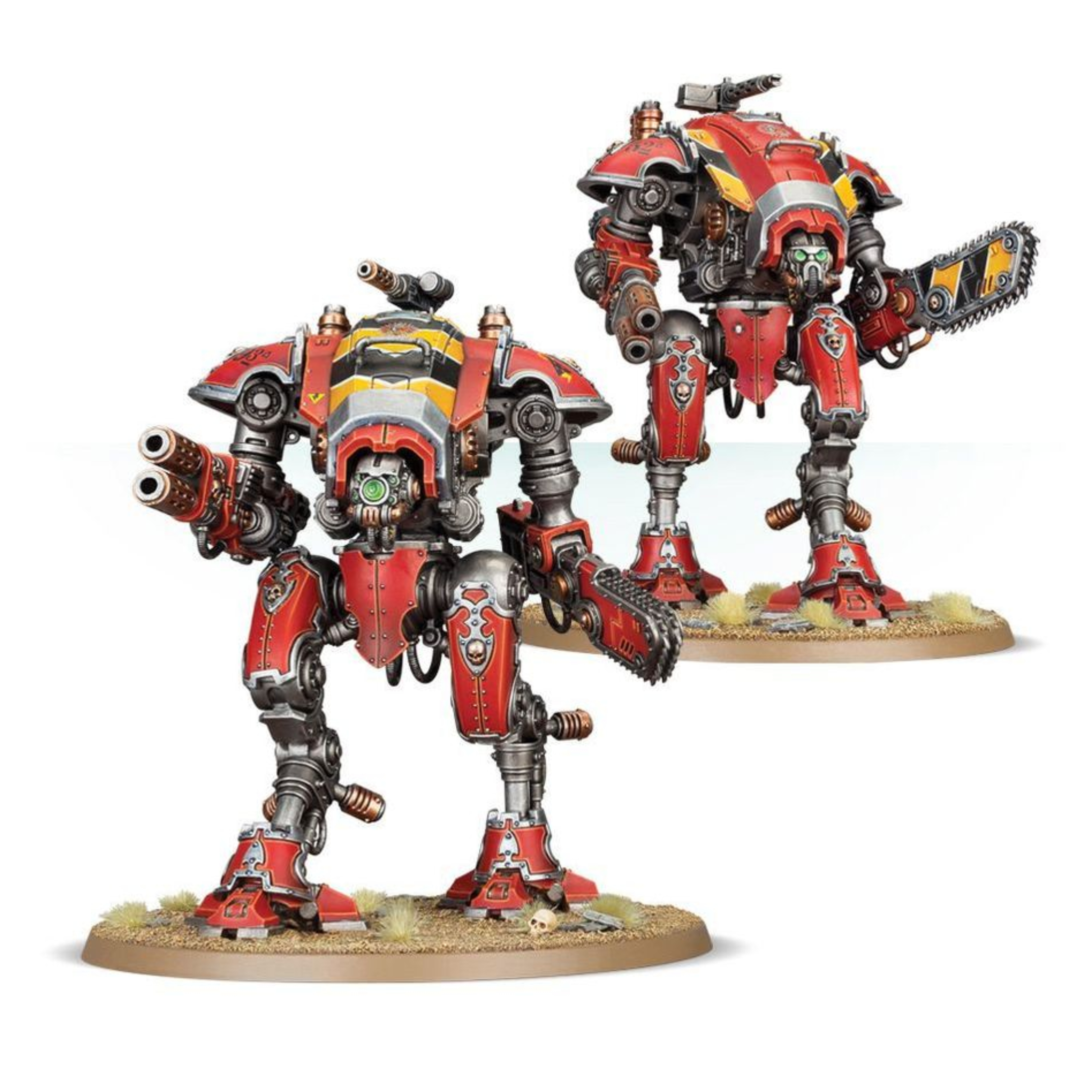 INMORTALS KNIGHTS: KNIGHTS ARMIGERS WARHAMMER 40,000 Inmortals knights: knights armigers warhammer 40,000. Los helverines armiger son veloces caballeros que lanzan ráfagas de fuego pesado desde posiciones de flanqueo y puestos de vanguardia o mientras avanzan en emboscada. Entre sus funciones estratégicas clave se encuentran el fuego a discrección, de reconocimiento y de cobertura, usando sus cañones automáticos para disparar cientos de proyectiles por minuto. Una manada de estos ingenios de guerra es capaz de echar por tierra un asalto enemigo en cuestión de segundos. Con este kit multicomponente de plástico puedes montar dos helverines armiger (o dos espadas de guerra armiger), bípodes veloces para incluirlos en tus ejércitos de caballeros imperiales de warhammer 40,000 o desplegarlos como desarraigados en tus ejércitos de marines espaciales, astra militarum, adepta sororitas, adeptus custodes, adeptus mechanicus o agentes imperiales. También puedes montarlos como perros de la guerra cazadores o perros de la guerra verdugos para incluirlos en tus ejércitos de caballeros del caos o desplegarlos como descastados en tus ejércitos de marines espaciales del caos, guardia de la muerte, hijos del emperador, mil hijos o devoradores de mundos. Los helverines armiger son veloces plataformas de armas capaces de encontrar la posición perfecta desde la que arrojar salvas devastadoras sobre el campo de batalla con sus cañones automáticos.