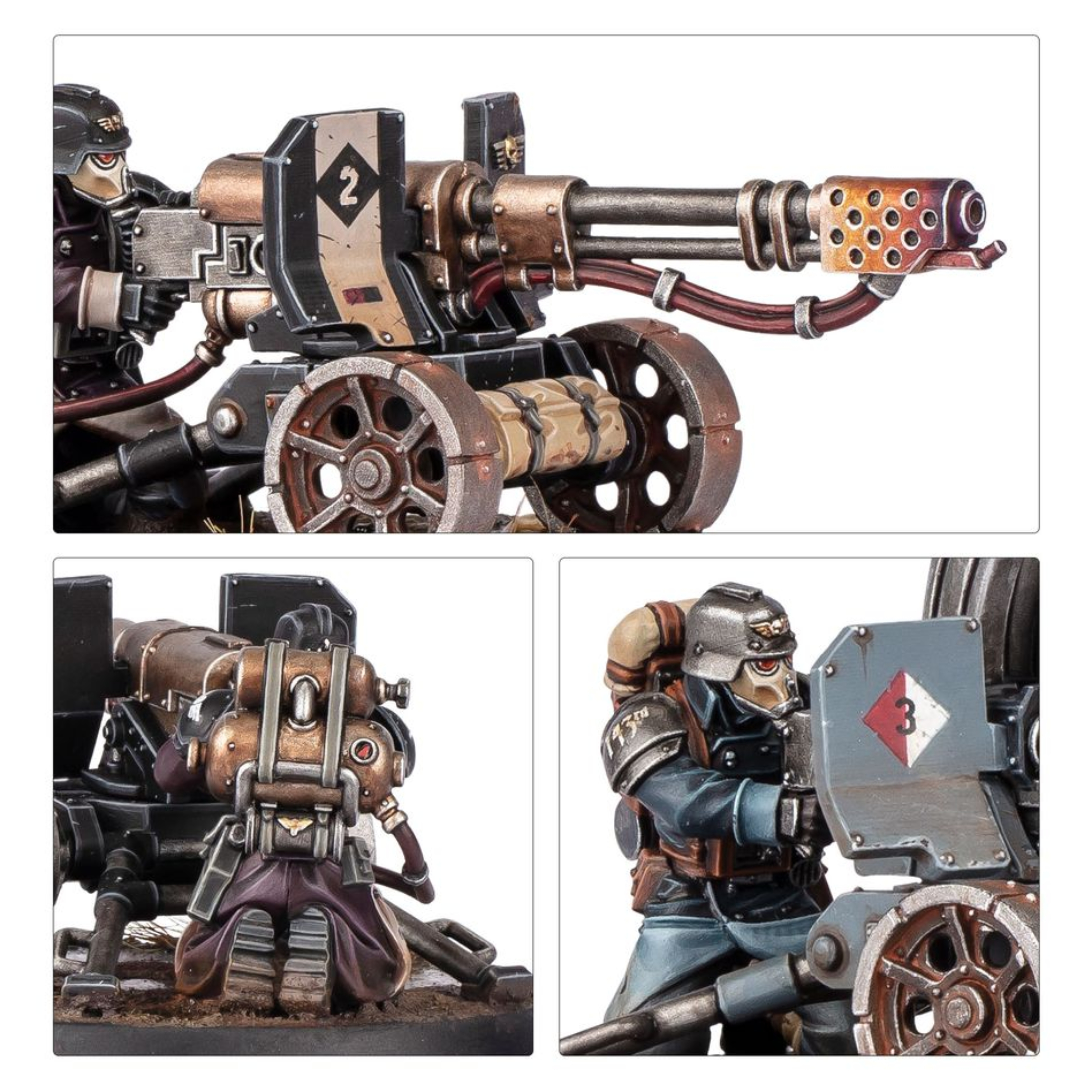 ASTRA MILITARUM KRIEG HEAVY WEAPONS SQUAD WARHAMMER 40,000 Astra militarum krieg heavy weapons squad warhammer 40,000. Las escuadra de armas pesadas de los korps de la muerte se despliegan para apoyar los asaltos de infantería, formando zonas de fuego superpuestas para inmovilizar al enemigo y facilitar el avance de las oleadas de infantería. Los coordinadores de fuego se aseguran de que los artilleros bajo su mando mantengan una cadencia de fuego insuperable. Con este kit multicomponente de plástico puedes montar una escuadra de armas pesadas de krieg compuesta por tres artilleros de armas pesadas y un coordinador de fuego para reforzar tus ejércitos del astra militarum en partidas de warhammer 40,000. Cuentan con una gran variedad de armas pesadas para debilitar las unidades enemigas y apoyar al resto de tu fuerza. Cada artillero de armas pesadas puede equiparse con un cañón láser, un lanzallamas pesado de krieg o una ametralladora pesada doble de krieg. Incluyen mochilas y accesorios intercambiables, para que sea muy fácil personalizar la unidad. El coordinador de fuego se puede montar apoyado sobre una rodilla o consultando un mapa del campo de batalla. El kit contiene 111 piezas de plástico, 3 peanas redondas citadel de 50 mm y 1 peana redonda citadel de 25 mm. También incluye una hoja con 803 calcomanías al agua de los korps de la muerte de krieg para personalizar tu escuadra. Las miniaturas se proporcionan sin montar ni pintar. Recomendamos usar pegamento para plástico citadel y pinturas citadel colour.