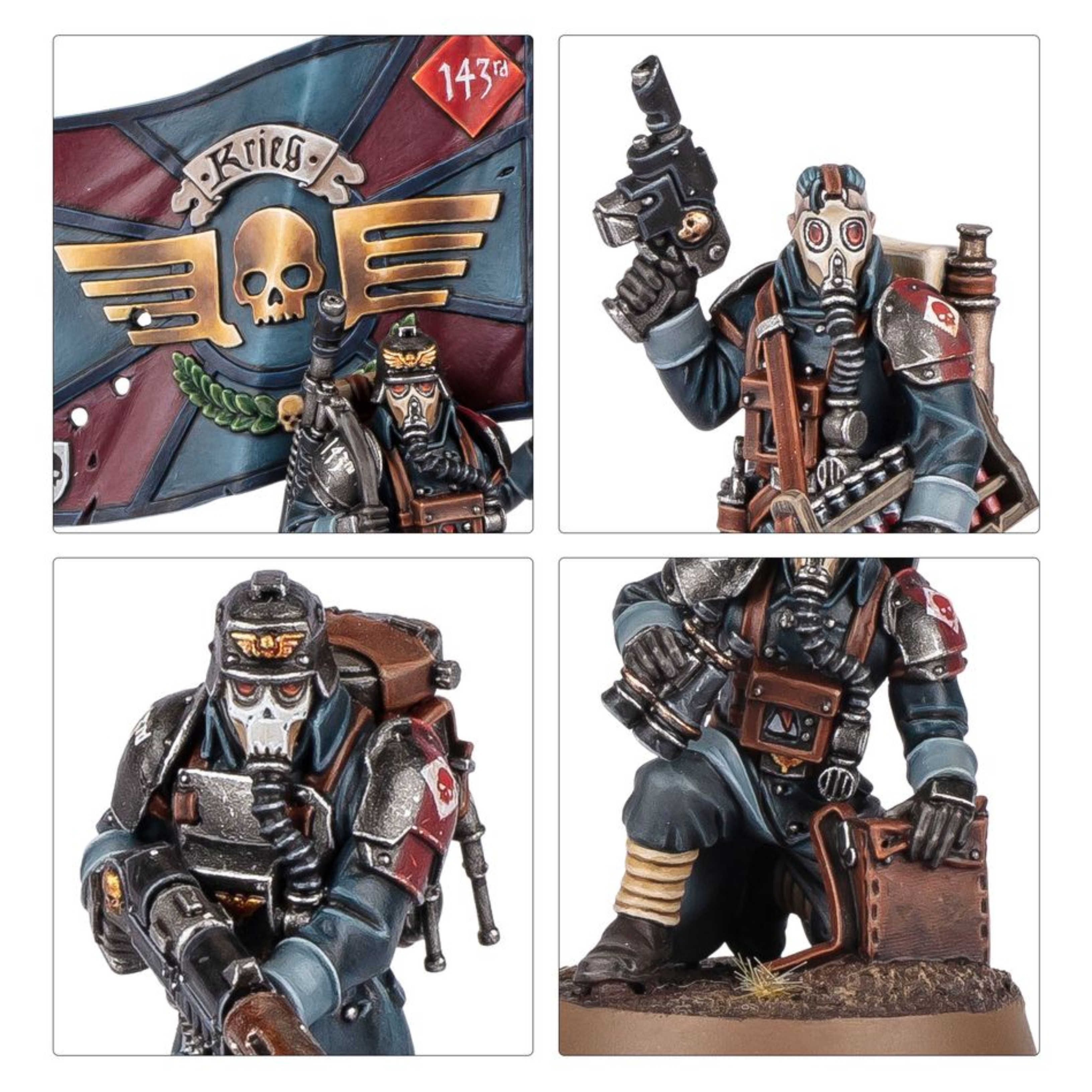 ASTRA MILITARUM KRIEG COMMAND SQUAD WARHAMMER 40,000 Astra militarum krieg command squad warhammer 40,000. Las escuadras de mando de krieg están dirigidas por representantes del officio prefectus, normalmente un comisario de alto rango asistido por un séquito de veteranos y oficiales subalternos. Lideran sus tropas desde primera línea y con frecuencia los encontrarás en los combates más intensos. Con este kit multicomponente de plástico puedes montar una escuadra de mando de krieg para incluirlo en tus ejércitos del astra militarum en partidas de warhammer 40,000. La unidad está compuesta por un lord comisario, cinco guardias veteranos y un servoescriba; una importante incorporación de especialistas para tu fuerza. El lord comisario puede equiparse con una pistola de plasma o un látigo en su brazo derecho, y con un puño de energía o una espada de energía envainada y señalando con su otro brazo. También puedes montar a uno de los guardias veteranos de tu unidad con una pistola láser, una pistola bólter o una pistola de plasma en la mano derecha, y con una espada sierra, arma de energía o garrote de trinchera en la izquierda. Otro guardia puede equiparse con un bólter, un rifle de plasma, un rifle de fusión o un lanzagranadas, y elegir entre dos accesorios opcionales para llevar en la mochila: granadas o munición para el lanzagranadas. Los otros guardias llevan el estandarte del regimiento, el vocomaestro y los contraagentes alquímicos, respectivamente. También hay una gama de accesorios estéticos, como palas, para decorar aún más tus miniaturas. El kit contiene 81 piezas de plástico, 6 peanas redondas citadel de 25 mm y 1 peana redonda citadel de 32 mm. También incluye una hoja con 803 calcomanías al agua de los korps de la muerte de krieg para personalizar tus miniaturas. Las miniaturas se proporcionan sin montar ni pintar. Recomendamos usar pegamento para plástico citadel y pinturas citadel colour.