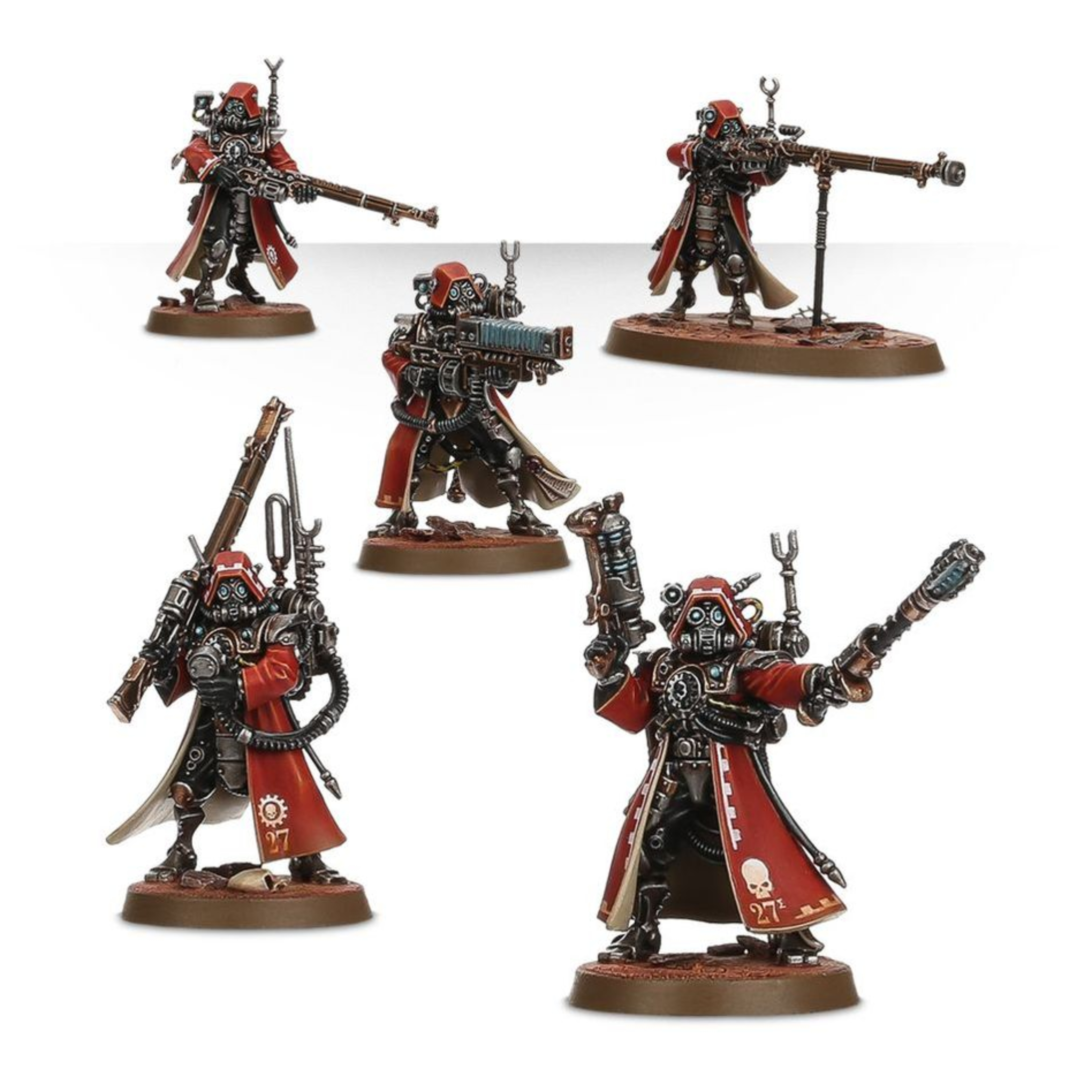 ADEPTUS MECHANICUS SKITARII WARHAMMER 40,000 Adeptus mechanicus skitarii warhammer 40,000. Los rangers de los skitarii reúnen ls energías de los mundos forja en su armamento y son cazadores implacables. Para ellos, el enfrentamiento no ha acabado hasta que su enemigo ha sido destruido; incluso si eso implica rastrearle a través de las galaxias durante décadas. Los skitarii rangers acechan a su presa con rifles galvánicos y lucen sus máscaras de gas y capuchas. Cada uno de ello está cubierto por una armadura skitarii sellada, blasonada con el símbolo del adeptus mechanicus y llena de sensores recolectores de datos, antenas y monitores ambientales. Conscients del duro terreno de marte, sus piernas se han amputado de rodillas hacia abajo y se han sustituido con reemplazos biónicos de mejora cibernética. La unidad puede incluir un alpha, armado con una pistola voltáica o radium y un arma de cuerpo a cuerpo (que puede ser una espada de energía una vara taser o una maza voltáica) y tres miniaturas pueden usar armas especiales. Tienes disponible un arcabuz transuránico, un rifle voltaico, y un caliver de plasma. Este último incluye una cabeza y mochila específica. Una miniatura se puede convertir en alpha y usar una cadena de datos mejorada o un omnispex, la caja muestra realmente la naturaleza obsesiva a la hora de recoger datos del adeptus mechanicus. Esta caja de plástico multicomponente contiene todo lo que necesitas para montar diez skitarii rangers o diez skitarii vanguard. En la caja se incluyen 124 componentes: veintitrés cabezas, doce de las cuales son variantes de yelmo/respirador vanguard, veinticinco armas, una hoja de calcomanías, una peana ovalada de 60x35. 5mm y diez peanas redondas de 25mm. Las miniaturas se proporcionan sin montar ni pintar. Recomendamos usar pegamento para plástico citadel y pinturas citadel colour.