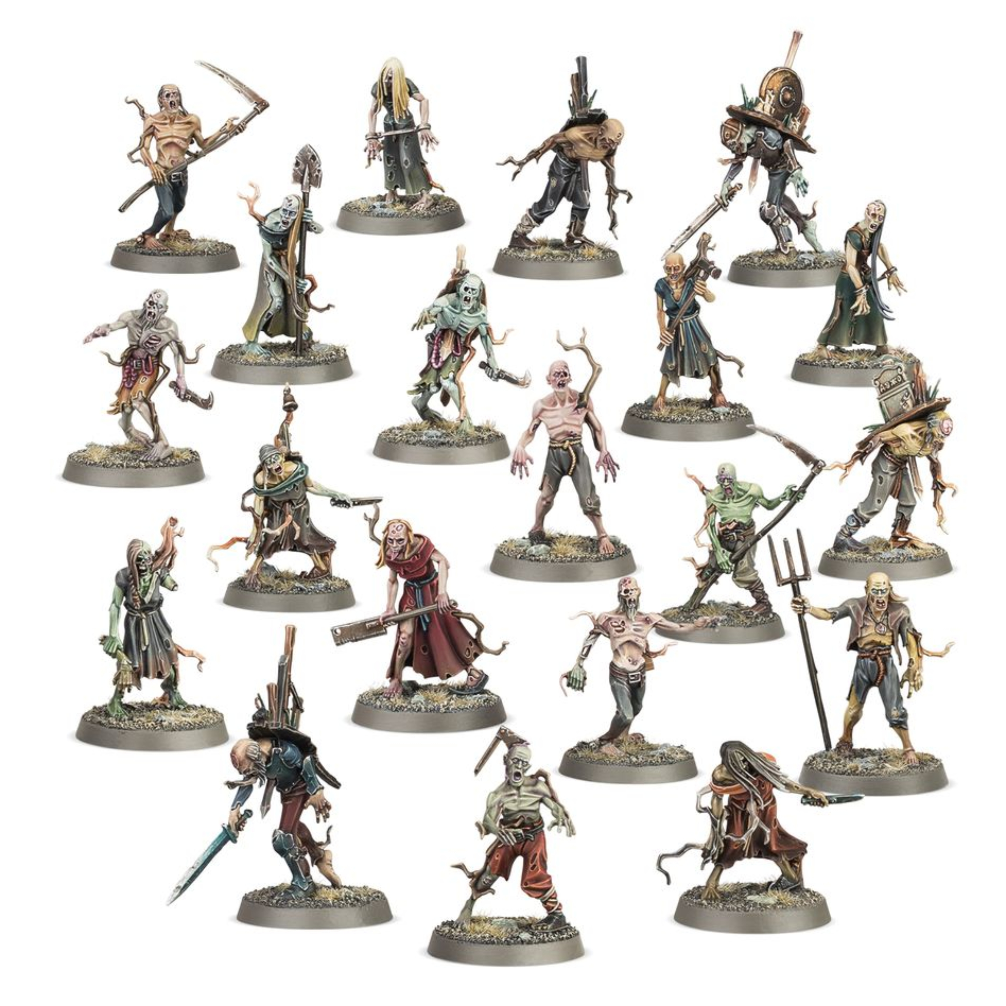 SOULBLIGHT GRAVELORDS DEADWALKER ZOMBIES WARHAMMER AGE OF SIGMAR Soulblight gravelords deadwalker zombies warhammer age of sigmar. Los deadwalker zombies son creados a partir de cadáveres frescos; reciben la fuerza mediante el poder de necromancia oscura y son enviados al campo de batalla en una horda de paso tambaleante. Sin mente, y regidos únicamente por un instinto colectivo, las migraciones zombis se han convertido en una plaga sempiterna tras el necroseísmo. Muchas ciudad han creado "pirobandas" errantes que purgan con fuego los brotes antes de que sea demasiado tarde. A pesar de que de manera individual son lentos, torpes y frágiles, una manada de deadwalker zombies del tamaño adecuado puede suponer una amenaza incluso para los soldados enemigos más habilidosos, simplemente por su superioridad numérica. Su hambre mononeuronal les da un componente de velocidad sorprendente cuando la presa se acerca demasiado, y cualquier desafortunado que caiga en sus garras acabará por unirse a los rangos soulblight antes de que acabe la batalla. En el interior de esta caja encontrarás 94 componentes de plástico, con los que puedes montar 20 deadwalker zombies. Estas miniaturas vienen acompañadas de 20 peanas citadel redondas de 25 mm. Estas miniaturas se suministran sin pintar y requieren montaje. Recomendamos usar pegamento para plástico citadel y pinturas citadel colour.
