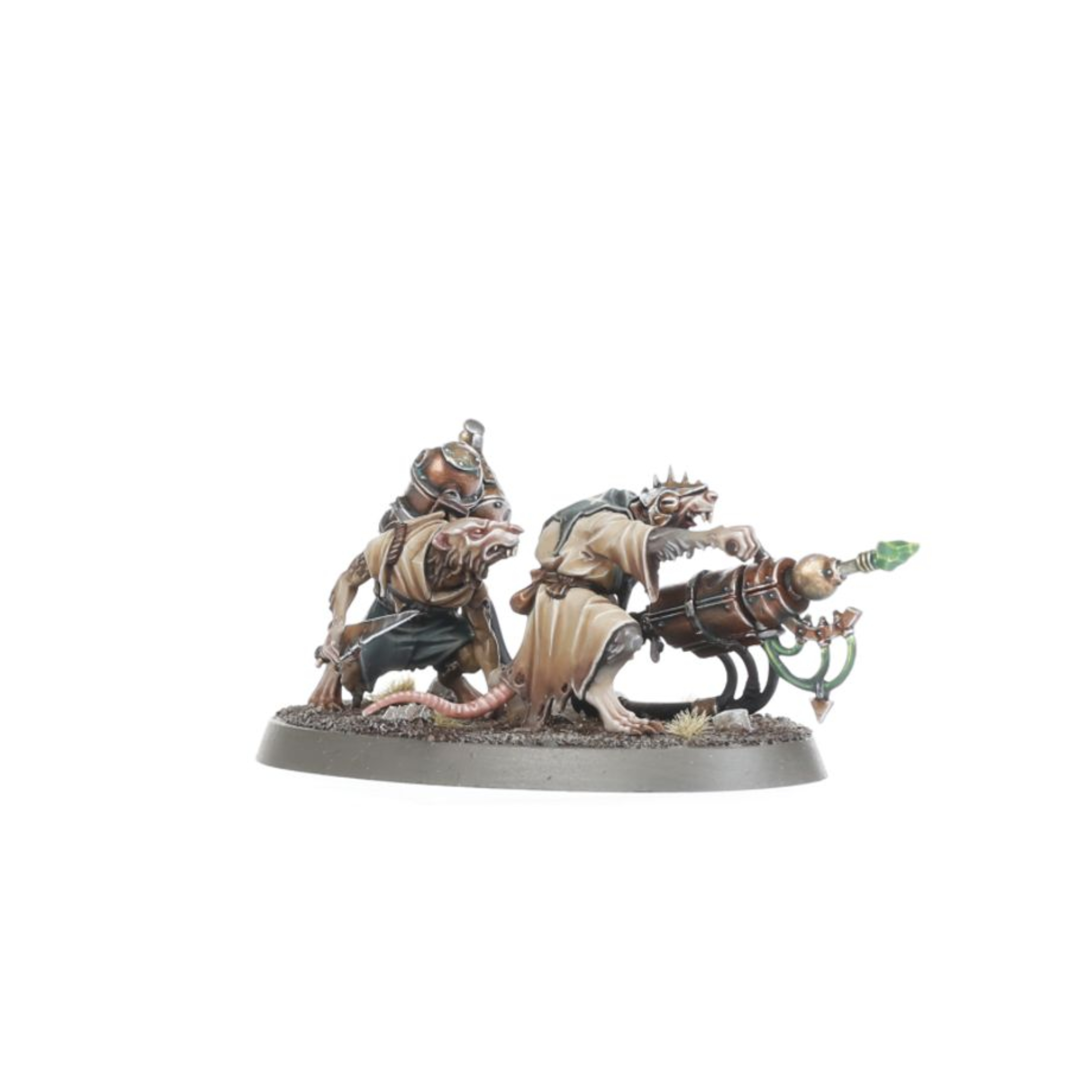 SKAVEN WARPSPARK WEAPON BATTERY WARHAMMER AGE OF SIGMAR Skaven warpspark weapon battery warhammer age of sigmar. Las baterías de armas brujas son miembros de los clanes skryre que a menudo marchan a la guerra ocultos entre hordas de serviles ratas de clan. Cuando llega el momento adecuado se revelan y descargan sus extrañas pero poderosas máquinas sobre el desprevenido enemigo. Ya sea con una lluvia de balas, ráfagas de espeluznantes llamas disformes o rayos brujos, obtienen una cosecha mortal para gloria de la rata cornuda. Con este kit multicomponente de plástico podrás montar tres equipos de armas con una de tres máquinas mortales diferentes. Todas pueden ser un tanto inestables, pero están diseñadas para acabar con diferentes tipos de enemigos. Las amerratadoras emiten una lluvia de plomo caliente para devastar las hordas enemigas; los lanzallamas brujos escupen una inextinguible llamarada verde, y los escuperrayos brujos son excelentes para aniquilar a tus enemigos con arcos de rayos brujos. Encontrarás un montón de opciones estéticas como opciones de cabeza para cada artillero además de puntas de armas, mochilas y más cosas para que puedas personalizar fácilmente tus unidades. Este kit contiene 63 componentes de plástico y 3 peanas ovaladas citadel de 60 mm x 35 mm. Estas miniaturas se venden sin montar y sin pintar; recomendamos usar pegamento para plástico citadel y pinturas citadel colour.