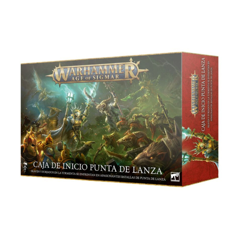 WARHAMMER AGE OF SIGMAR: CAJA DE INICIO DE PUNTA DE LANZA (ESPAÑOL). La Era de Sigmar es una era de guerra sin fin. Durante siglos, los formidables Forjados en la Tormenta han luchado contra las fuerzas del mal, pero ahora parece haber llegado la Hora de la Ruina con incontables hordas de escurridizos Skaven inundando los Reinos Mortales. Tan poderoso es su armamento arcano que el Dios Rey Sigmar ha enviado a sus guerreros más poderosos para frenar la marea. A la cabeza de esta resplandeciente hueste marchan las cámaras de Perdición, guerreros que han muerto tantas veces que se parecen más a armas vivientes que a los humanos que protegen. Este set es perfecto para empezar con Warhammer Age of Sigmar, un apasionante universo de fantasía del que puedes formar parte coleccionando ejércitos, pintándolos y combatiendo con tus amistades. El manual de 72 páginas contiene todo lo que necesitas para empezar con todos los aspectos de este emocionante hobby; aprenderás a montar y pintar tus miniaturas, descubrirás el universo al que pertenecen y disputarás con ellas emocionantes batallas. También incluye el libro Punta de lanza: Fuego y jade, que contiene todas las reglas adicionales que necesitas para jugar al vertiginoso modo de juego Punta de lanza, junto con un tapete de juego de dos caras en el que jugar tus partidas de Punta de lanza. Incluso encontrarás dos fuerzas completas de Punta de lanza, para que te lances a jugar partidas tácticas e intensas desde el primer momento.