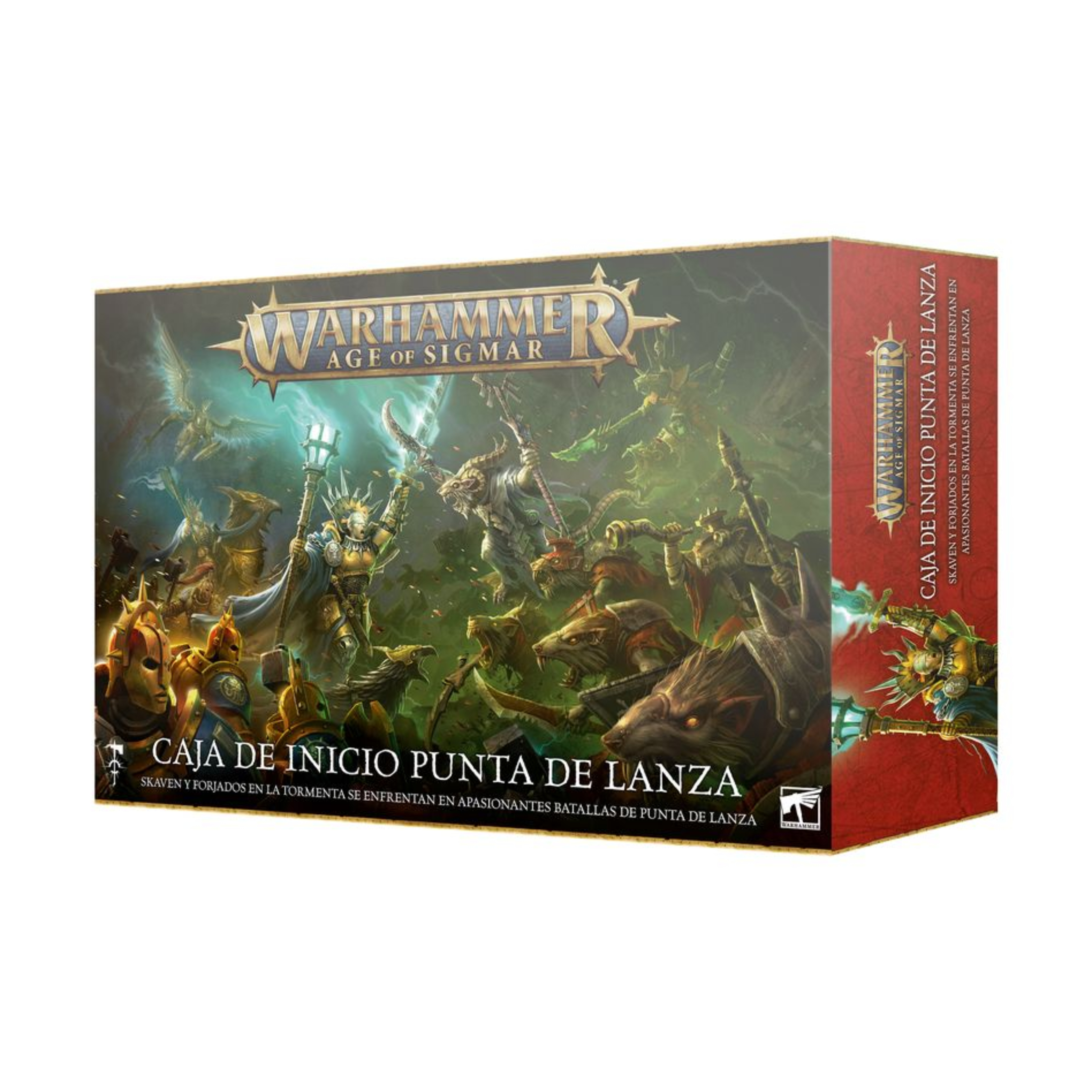WARHAMMER AGE OF SIGMAR: CAJA DE INICIO DE PUNTA DE LANZA (ESPAÑOL) Warhammer age of sigmar: caja de inicio de punta de lanza (español). La era de sigmar es una era de guerra sin fin. Durante siglos, los formidables forjados en la tormenta han luchado contra las fuerzas del mal, pero ahora parece haber llegado la hora de la ruina con incontables hordas de escurridizos skaven inundando los reinos mortales. Tan poderoso es su armamento arcano que el dios rey sigmar ha enviado a sus guerreros más poderosos para frenar la marea. A la cabeza de esta resplandeciente hueste marchan las cámaras de perdición, guerreros que han muerto tantas veces que se parecen más a armas vivientes que a los humanos que protegen. Este set es perfecto para empezar con warhammer age of sigmar, un apasionante universo de fantasía del que puedes formar parte coleccionando ejércitos, pintándolos y combatiendo con tus amistades. El manual de 72 páginas contiene todo lo que necesitas para empezar con todos los aspectos de este emocionante hobby; aprenderás a montar y pintar tus miniaturas, descubrirás el universo al que pertenecen y disputarás con ellas emocionantes batallas. También incluye el libro punta de lanza: fuego y jade, que contiene todas las reglas adicionales que necesitas para jugar al vertiginoso modo de juego punta de lanza, junto con un tapete de juego de dos caras en el que jugar tus partidas de punta de lanza. Incluso encontrarás dos fuerzas completas de punta de lanza, para que te lances a jugar partidas tácticas e intensas desde el primer momento.