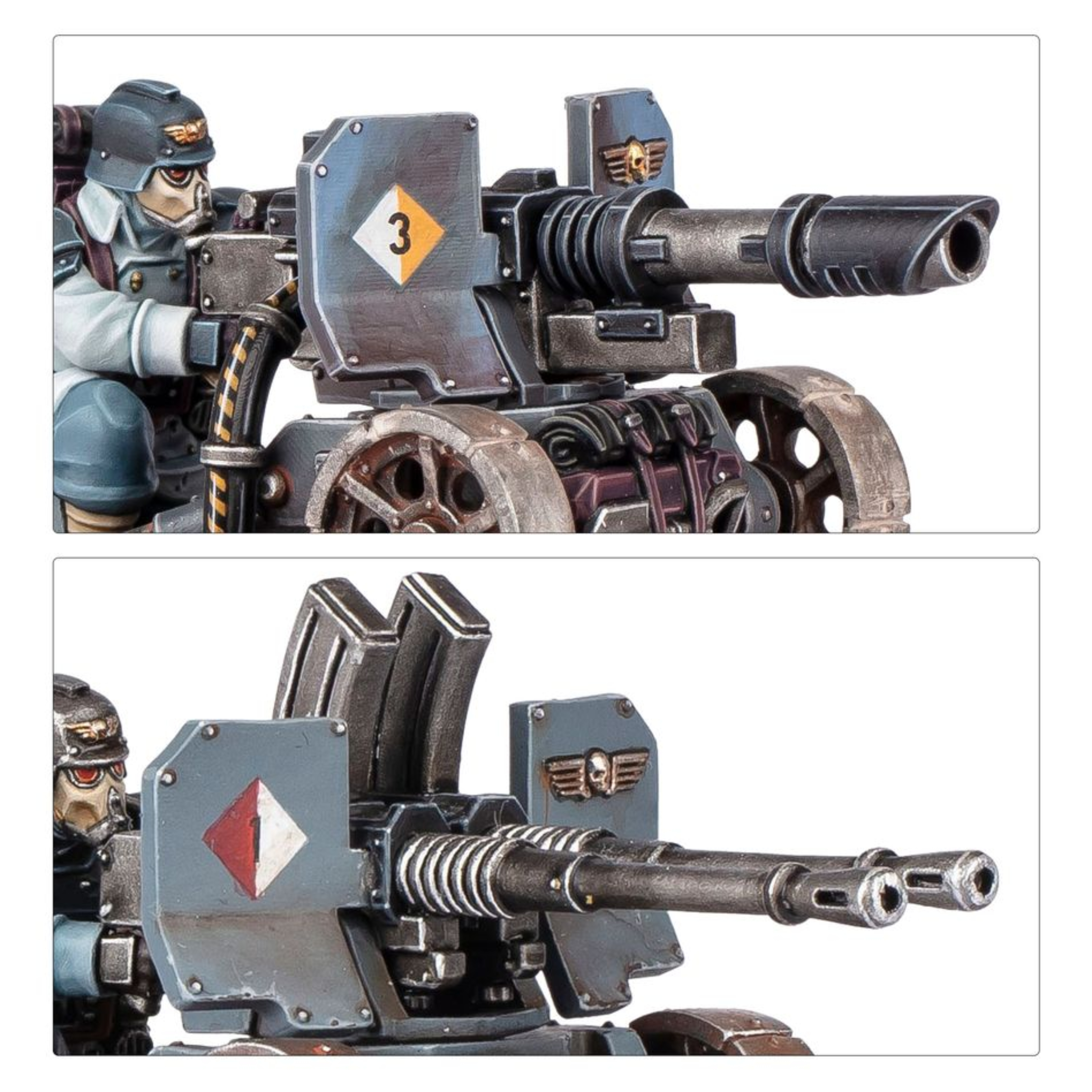ASTRA MILITARUM KRIEG HEAVY WEAPONS SQUAD WARHAMMER 40,000 Astra militarum krieg heavy weapons squad warhammer 40,000. Las escuadra de armas pesadas de los korps de la muerte se despliegan para apoyar los asaltos de infantería, formando zonas de fuego superpuestas para inmovilizar al enemigo y facilitar el avance de las oleadas de infantería. Los coordinadores de fuego se aseguran de que los artilleros bajo su mando mantengan una cadencia de fuego insuperable. Con este kit multicomponente de plástico puedes montar una escuadra de armas pesadas de krieg compuesta por tres artilleros de armas pesadas y un coordinador de fuego para reforzar tus ejércitos del astra militarum en partidas de warhammer 40,000. Cuentan con una gran variedad de armas pesadas para debilitar las unidades enemigas y apoyar al resto de tu fuerza. Cada artillero de armas pesadas puede equiparse con un cañón láser, un lanzallamas pesado de krieg o una ametralladora pesada doble de krieg. Incluyen mochilas y accesorios intercambiables, para que sea muy fácil personalizar la unidad. El coordinador de fuego se puede montar apoyado sobre una rodilla o consultando un mapa del campo de batalla. El kit contiene 111 piezas de plástico, 3 peanas redondas citadel de 50 mm y 1 peana redonda citadel de 25 mm. También incluye una hoja con 803 calcomanías al agua de los korps de la muerte de krieg para personalizar tu escuadra. Las miniaturas se proporcionan sin montar ni pintar. Recomendamos usar pegamento para plástico citadel y pinturas citadel colour.