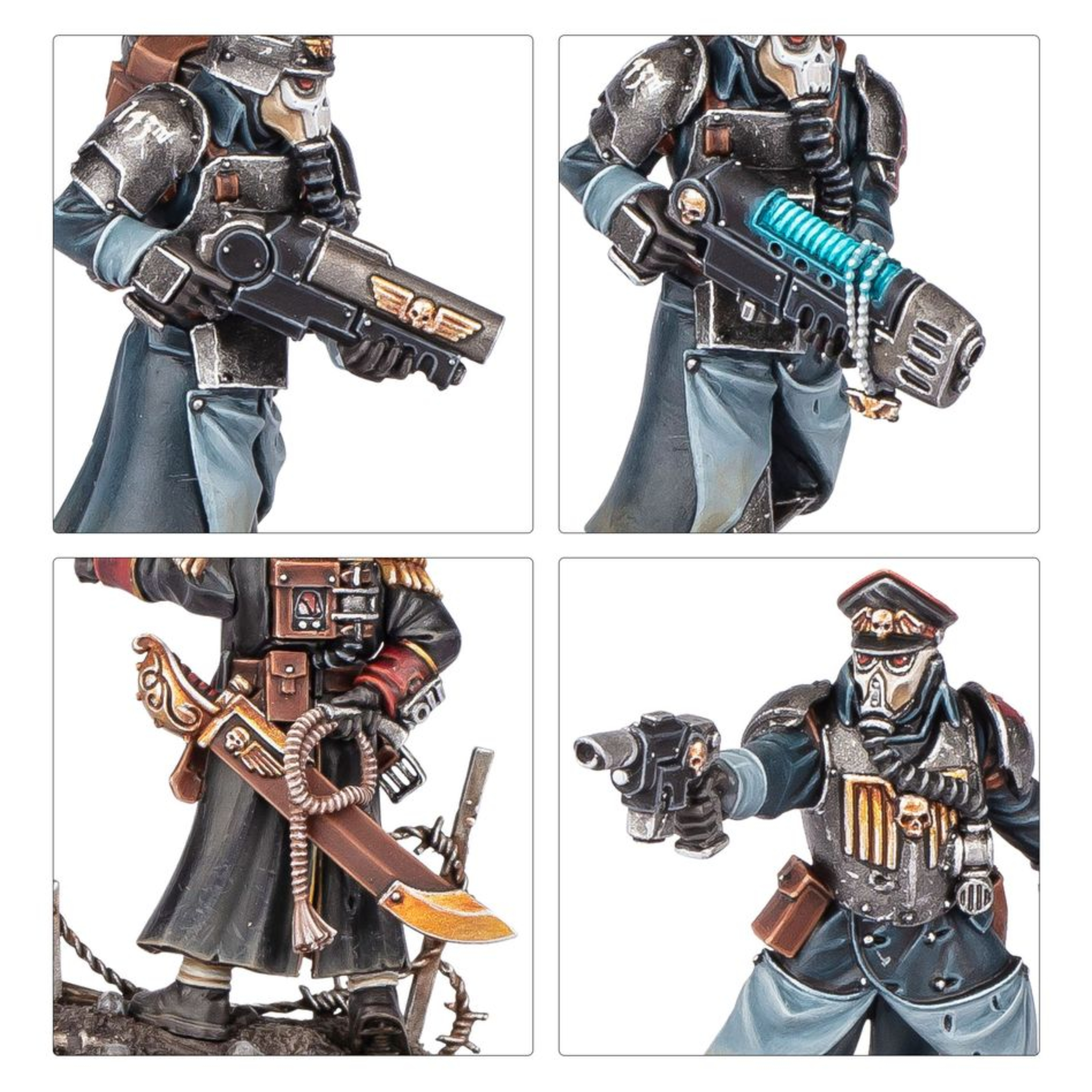 ASTRA MILITARUM KRIEG COMMAND SQUAD WARHAMMER 40,000 Astra militarum krieg command squad warhammer 40,000. Las escuadras de mando de krieg están dirigidas por representantes del officio prefectus, normalmente un comisario de alto rango asistido por un séquito de veteranos y oficiales subalternos. Lideran sus tropas desde primera línea y con frecuencia los encontrarás en los combates más intensos. Con este kit multicomponente de plástico puedes montar una escuadra de mando de krieg para incluirlo en tus ejércitos del astra militarum en partidas de warhammer 40,000. La unidad está compuesta por un lord comisario, cinco guardias veteranos y un servoescriba; una importante incorporación de especialistas para tu fuerza. El lord comisario puede equiparse con una pistola de plasma o un látigo en su brazo derecho, y con un puño de energía o una espada de energía envainada y señalando con su otro brazo. También puedes montar a uno de los guardias veteranos de tu unidad con una pistola láser, una pistola bólter o una pistola de plasma en la mano derecha, y con una espada sierra, arma de energía o garrote de trinchera en la izquierda. Otro guardia puede equiparse con un bólter, un rifle de plasma, un rifle de fusión o un lanzagranadas, y elegir entre dos accesorios opcionales para llevar en la mochila: granadas o munición para el lanzagranadas. Los otros guardias llevan el estandarte del regimiento, el vocomaestro y los contraagentes alquímicos, respectivamente. También hay una gama de accesorios estéticos, como palas, para decorar aún más tus miniaturas. El kit contiene 81 piezas de plástico, 6 peanas redondas citadel de 25 mm y 1 peana redonda citadel de 32 mm. También incluye una hoja con 803 calcomanías al agua de los korps de la muerte de krieg para personalizar tus miniaturas. Las miniaturas se proporcionan sin montar ni pintar. Recomendamos usar pegamento para plástico citadel y pinturas citadel colour.