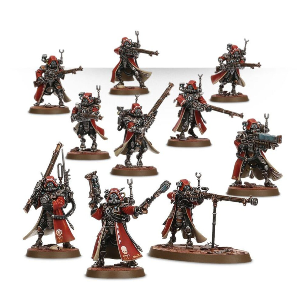 ADEPTUS MECHANICUS SKITARII WARHAMMER 40,000. Los Rangers de los Skitarii reúnen ls energías de los mundos forja en su armamento y son cazadores implacables. Para ellos, el enfrentamiento no ha acabado hasta que su enemigo ha sido destruido; incluso si eso implica rastrearle a través de las galaxias durante décadas. Los Skitarii Rangers acechan a su presa con rifles galvánicos y lucen sus máscaras de gas y capuchas. Cada uno de ello está cubierto por una armadura Skitarii sellada, blasonada con el símbolo del Adeptus Mechanicus y llena de sensores recolectores de datos, antenas y monitores ambientales. Conscients del duro terreno de Marte, sus piernas se han amputado de rodillas hacia abajo y se han sustituido con reemplazos biónicos de mejora cibernética. La unidad puede incluir un Alpha, armado con una pistola voltáica o radium y un arma de cuerpo a cuerpo (que puede ser una espada de energía una vara taser o una maza voltáica) y tres miniaturas pueden usar armas especiales. Tienes disponible un arcabuz transuránico, un rifle voltaico, y un caliver de plasma. Este último incluye una cabeza y mochila específica. Una miniatura se puede convertir en Alpha y usar una cadena de datos mejorada o un omnispex, la caja muestra realmente la naturaleza obsesiva a la hora de recoger datos del Adeptus Mechanicus. Esta caja de plástico multicomponente contiene todo lo que necesitas para montar diez Skitarii Rangers o diez Skitarii Vanguard. En la caja se incluyen 124 componentes: veintitrés cabezas, doce de las cuales son variantes de yelmo/respirador Vanguard, veinticinco armas, una hoja de calcomanías, una peana ovalada de 60x35.5mm y diez peanas redondas de 25mm. Las miniaturas se proporcionan sin montar ni pintar. Recomendamos usar pegamento para plástico Citadel y pinturas Citadel Colour.