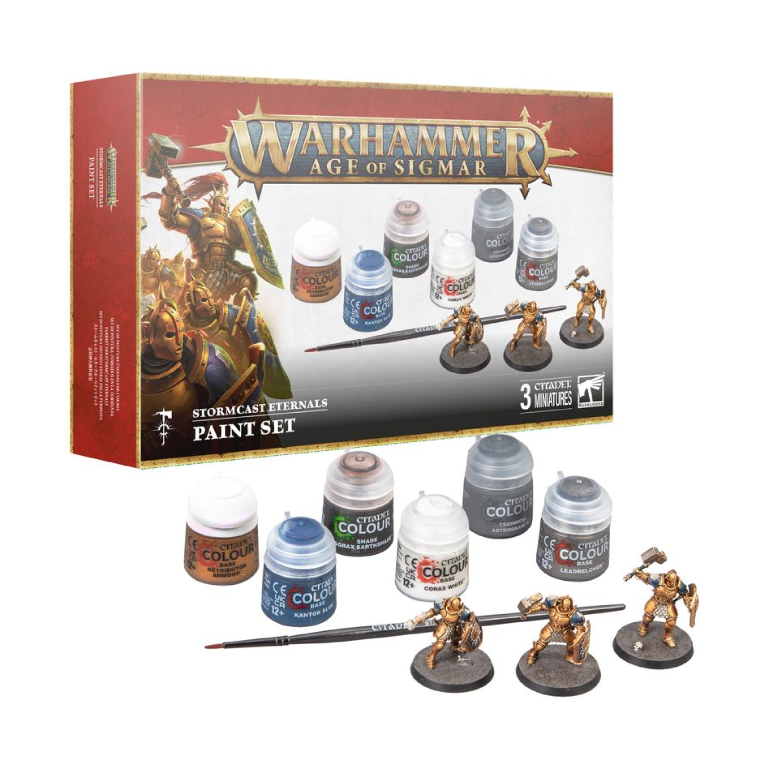 STORMCAST ETERNALS PAINTS SET WARHAMMER 40,000 Stormcast eternals paints set warhammer 40,000. Los forjados en la tormenta son guerreros cruzados bendecidos por los relámpagos. Elegidos durante su vida mortal por su heroísmo, ahora están condenados a luchar para siempre. Se enfrentan a los peores horrores presentes en los reinos mortales, canjeando su humanidad pieza a pieza para proteger a los seguidores de sigmar. Esta caja es una forma ideal de empezar tu colección de forjados en la tormenta. Recibirás tres liberadores de plástico con posturas singulares, las pinturas que necesitas para prepararlos para la batalla y un pincel para que puedas empezar. Estas miniaturas son de montaje a presión, por lo que solo requieren tenazas para ser montadas. Las seis pinturas vienen en botes de 12 ml e incluyen los colores esenciales que necesitas para pintar tus liberadores como martillos de sigmar, junto con una pintura technical para que puedas crear tus propias peanas texturizadas. Este set contiene: 3 miniaturas de liberadores forjados en la tormenta de plástico de montaje a presión y 3 peanas redondas citadel de 40 mm de agujero hexagonal. 1 pincel starter citadel colour. 6 pinturas citadel colour: – retributor armour (base) – kantor blue (base) – corax white (base) – leadbelcher (base) – agrax earthshade (shade) – astrogranite (technical) estas miniaturas se suministran sin pintar y requieren montaje. Recomendamos usar pegamento para plástico citadel y pinturas citadel colour.