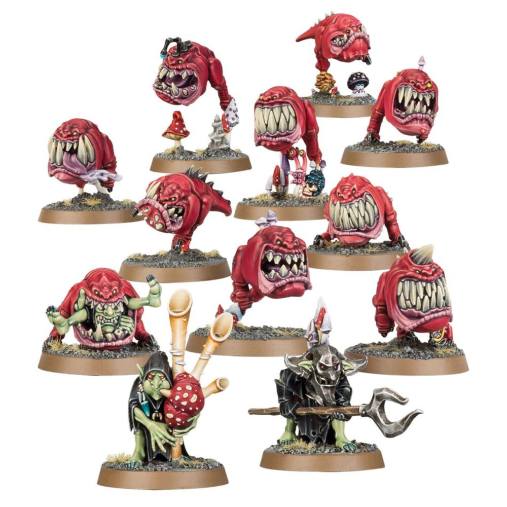 Gloomspite gitz squig herd warhammer age of sigmar. ¡squigs! Poco más que bocas con patas y una actitud terrible, estos seres crueles son temidos por todos los reinos mortales por sus apetitos voraces, y a menudo los gloomspite gitz los usan al frente de sus filas. Estos pequeños monstruos son una gran elección para tu ejército gracias a su potencial ofensivo; basta con dirigirlos en una dirección vaga hacia donde necesites que muerdan y carguen. Si quieres pueden desplegar un ejército de pequeños monstruos con los que jugar, con squig herds como opción de línea en ejércitos de un moonclan general. Imagina la cara de tus enemigos… esta caja incluye todo lo que necesitas para montar una manada de 10 squigs, con caras muy personalizables (horrendas y llenas de colmillos) entre las que elegir. También incluye un par de squig herders para amotivar a tus squig herds, con cuatro posibles variaciones de miniatura de las que podrás montar dos, además de accesorios para las peanas, que incluyen un squig caracol… esta caja consta de 77 piezas e incluye 12 peanas redondas de 25 mm. Estas miniaturas se suministran sin pintar y requieren ensamblaje.