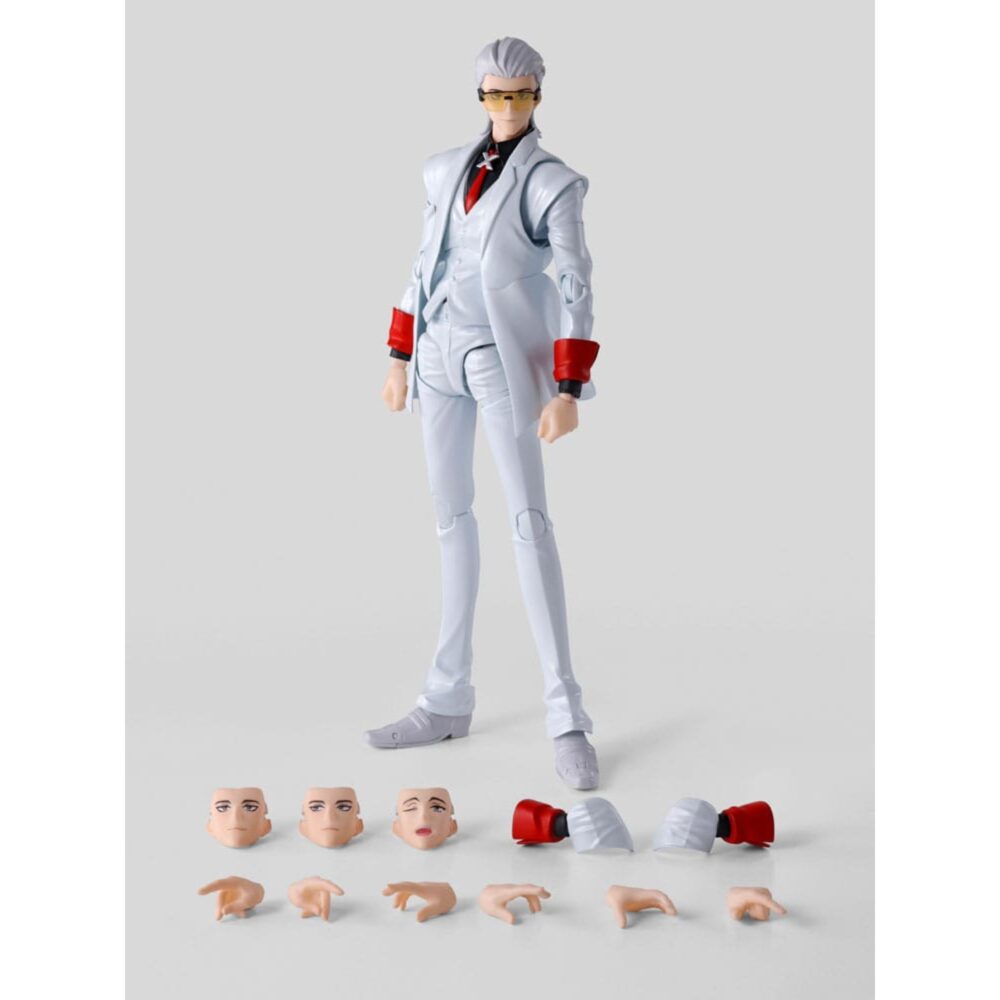 X to be hero x sh figuarts.  personaje central de to be hero x, x encarna el misterio, la clase y la ironía en un universo tan colorido como caótico. Verdadero enigma, navega entre la manipulación y el carisma, e impone su estilo único en una serie donde lo absurdo se codea con la estética ultraestilizada. La figura lo presenta en una postura segura, con un dedo levantado como para subrayar un comentario mordaz o un remate memorable. Su silueta esbelta, su mirada oculta tras unas gafas tintadas y su traje inmaculado capturan a la perfección su aspecto de estratega elegante y distante. El diseño es muy fiel: traje blanco de tres piezas con chaleco y chaqueta larga, camisa negra a juego, corbata roja brillante y guantes rojos. El pelo plateado peinado hacia atrás refuerza su carisma visual. Cada pliegue del traje y cada accesorio están representados con precisión para respetar su estilo sofisticado. Con una altura aproximada de 16 cm, esta figura de pvc forma parte de la colección s. H. Figuarts de bandai. Las articulaciones bien integradas permiten adoptar diversas poses emblemáticas sin afectar a la nitidez de las líneas. Una elección ideal para los amantes de los personajes enigmáticos y elegantes.