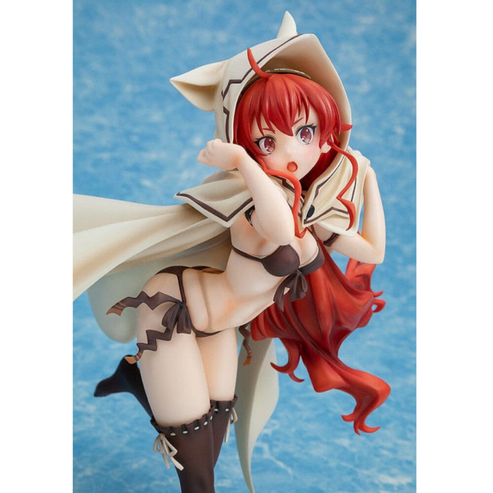 Eris boreas greyrat swimsuit mushoku tensei: jobless reincarnation estatua 1/7.  en mushoku tensei: jobless reincarnation, eris boreas greyrat es una joven noble fogosa con un temperamento explosivo. Como heredera de una familia prestigiosa, creció rodeada de privilegios, pero también de una disciplina estricta, hasta que su camino cambió drásticamente tras conocer a rudeus. Personaje clave de la historia, evoluciona de ser una niña malcriada y de mal genio a convertirse en una joven decidida y más madura. Su trayectoria refleja tanto su fuerte voluntad como su sensibilidad oculta bajo una apariencia dura. Su complicada relación con rudeus y su implacable entrenamiento ponen de relieve su deseo de hacerse más fuerte. La figura la representa con un bañador oscuro de dos piezas con sutiles detalles de lazos y un short a juego. Lleva una gran capa blanca con capucha y orejas estilizadas de gato, que contrastan maravillosamente con su largo cabello rojo ondulado. Sus medias negras hasta los muslos resaltan la elegancia de su silueta. La pose dinámica y la expresión de sorpresa capturan a la perfección su energía y espontaneidad. Fabricada en pvc a escala 1/7, esta figura mide unos 25 centímetros de altura y descansa sobre una base con temática playera con arena esculpida, conchas marinas y detalles de suaves olas. El contraste de texturas entre la tela de la capa, su detallado cabello y el brillante bañador realza el realismo de la pieza.