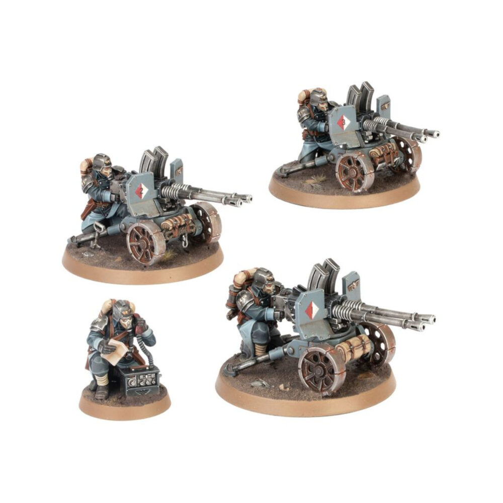 ASTRA MILITARUM KRIEG HEAVY WEAPONS SQUAD WARHAMMER 40,000. Las Escuadra de Armas Pesadas de los Korps de la Muerte se despliegan para apoyar los asaltos de infantería, formando zonas de fuego superpuestas para inmovilizar al enemigo y facilitar el avance de las oleadas de infantería. Los coordinadores de fuego se aseguran de que los artilleros bajo su mando mantengan una cadencia de fuego insuperable. Con este kit multicomponente de plástico puedes montar una Escuadra de Armas Pesadas de Krieg compuesta por tres Artilleros de Armas Pesadas y un Coordinador de Fuego para reforzar tus ejércitos del Astra Militarum en partidas de Warhammer 40,000. Cuentan con una gran variedad de armas pesadas para debilitar las unidades enemigas y apoyar al resto de tu fuerza. Cada Artillero de Armas Pesadas puede equiparse con un cañón láser, un lanzallamas pesado de Krieg o una ametralladora pesada doble de Krieg. Incluyen mochilas y accesorios intercambiables, para que sea muy fácil personalizar la unidad. El Coordinador de Fuego se puede montar apoyado sobre una rodilla o consultando un mapa del campo de batalla. El kit contiene 111 piezas de plástico, 3 peanas redondas Citadel de 50 mm y 1 peana redonda Citadel de 25 mm. También incluye una hoja con 803 calcomanías al agua de los Korps de la Muerte de Krieg para personalizar tu escuadra. Las miniaturas se proporcionan sin montar ni pintar. Recomendamos usar pegamento para plástico Citadel y pinturas Citadel Colour.