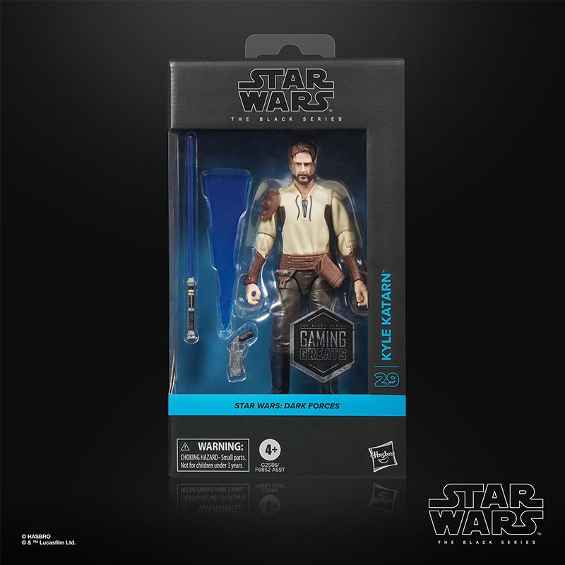 KYLE KATARN BLACK SERIES STAR WARS DARK FORCES Kyle katarn black series star wars dark forces. Hasbro presenta dentro de su colección the black series gaming greats la figura premium de kyle katarn, basada en la aparición de su personaje en el videojuego clásico "star wars: dark forces". Mide 15 cm y cuenta con múltiples puntos de articulación y detalles realistas. Incluye 1x sable de luz azul con efectos de combate intercambiables y 1x bláster. Se presenta en una caja con ventana decorada con ilustraciones del personaje. Unidades limitadas.