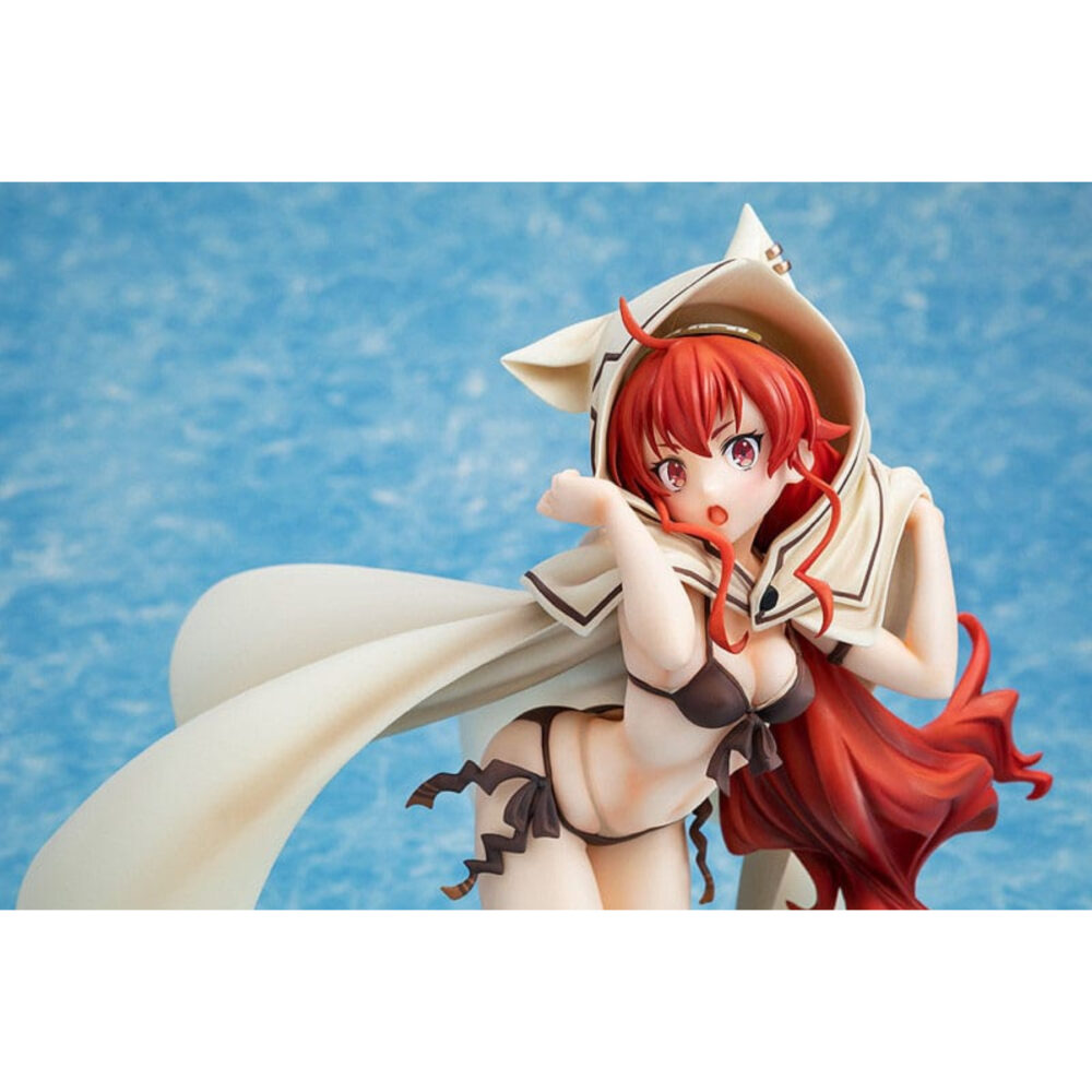 Eris boreas greyrat swimsuit mushoku tensei: jobless reincarnation estatua 1/7.  en mushoku tensei: jobless reincarnation, eris boreas greyrat es una joven noble fogosa con un temperamento explosivo. Como heredera de una familia prestigiosa, creció rodeada de privilegios, pero también de una disciplina estricta, hasta que su camino cambió drásticamente tras conocer a rudeus. Personaje clave de la historia, evoluciona de ser una niña malcriada y de mal genio a convertirse en una joven decidida y más madura. Su trayectoria refleja tanto su fuerte voluntad como su sensibilidad oculta bajo una apariencia dura. Su complicada relación con rudeus y su implacable entrenamiento ponen de relieve su deseo de hacerse más fuerte. La figura la representa con un bañador oscuro de dos piezas con sutiles detalles de lazos y un short a juego. Lleva una gran capa blanca con capucha y orejas estilizadas de gato, que contrastan maravillosamente con su largo cabello rojo ondulado. Sus medias negras hasta los muslos resaltan la elegancia de su silueta. La pose dinámica y la expresión de sorpresa capturan a la perfección su energía y espontaneidad. Fabricada en pvc a escala 1/7, esta figura mide unos 25 centímetros de altura y descansa sobre una base con temática playera con arena esculpida, conchas marinas y detalles de suaves olas. El contraste de texturas entre la tela de la capa, su detallado cabello y el brillante bañador realza el realismo de la pieza.