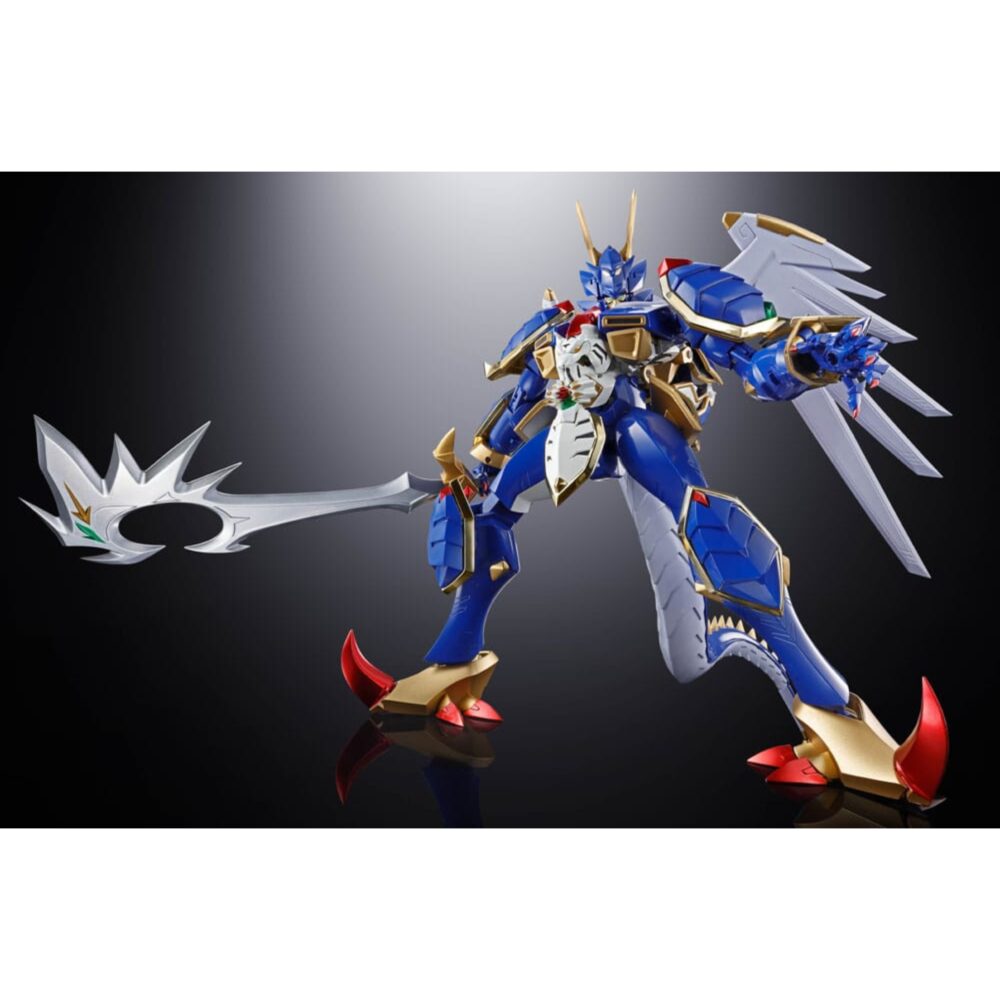 Gx-119 dragon tiger king / tiger dragon king super robot wars og soul of chogokin.  ryuko-o y koryu-o, procedentes del universo super robot wars: original generations, son dos mechas legendarios que destacan por su potencia bruta y su imponente estilo. Figuras emblemáticas de la franquicia, encarnan la dualidad entre la fuerza salvaje y el dominio marcial en un mundo donde reinan los combates entre robots gigantes. La figura gx-119 reúne a estos dos titanes mecánicos en una versión transformable de aspecto majestuoso. Ryuko-o, esbelto, tiene alas y una postura erguida que evoca a una criatura celestial. Koryu-o, más robusto, presenta formas compactas y una musculatura mecánica realzada por sus enormes garras. Juntos, ilustran la complementariedad de dos fuerzas distintas. El nivel de detalle es notable: armaduras metálicas brillantes en azul, blanco y dorado, expresiones feroces, armas imponentes (cetro con orbe verde, espada curva, garras macizas) y elementos móviles como las alas, la cola o los cuernos. Cada pieza está finamente esculpida, con acabados metálicos que acentúan su poderosa presencia. Con una altura de unos 20 cm, esta figura de metal pertenece a la colección soul of chogokin de tamashii nations. El set permite recrear las dos formas con transformación, articulación avanzada y acabado de primera calidad. Una pieza imprescindible para los fans de los mechas tácticos y los robots legendarios.
