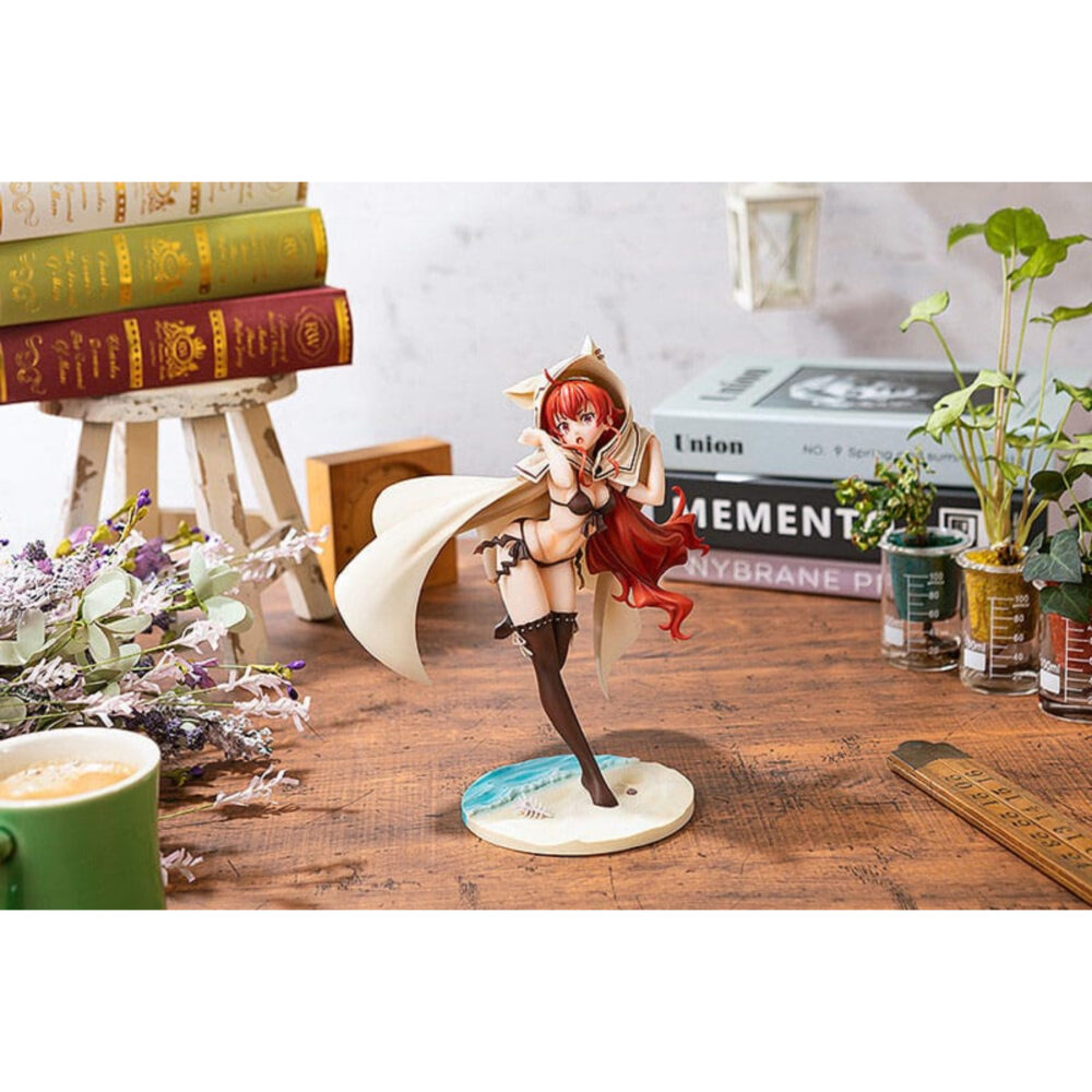 Eris boreas greyrat swimsuit mushoku tensei: jobless reincarnation estatua 1/7.  en mushoku tensei: jobless reincarnation, eris boreas greyrat es una joven noble fogosa con un temperamento explosivo. Como heredera de una familia prestigiosa, creció rodeada de privilegios, pero también de una disciplina estricta, hasta que su camino cambió drásticamente tras conocer a rudeus. Personaje clave de la historia, evoluciona de ser una niña malcriada y de mal genio a convertirse en una joven decidida y más madura. Su trayectoria refleja tanto su fuerte voluntad como su sensibilidad oculta bajo una apariencia dura. Su complicada relación con rudeus y su implacable entrenamiento ponen de relieve su deseo de hacerse más fuerte. La figura la representa con un bañador oscuro de dos piezas con sutiles detalles de lazos y un short a juego. Lleva una gran capa blanca con capucha y orejas estilizadas de gato, que contrastan maravillosamente con su largo cabello rojo ondulado. Sus medias negras hasta los muslos resaltan la elegancia de su silueta. La pose dinámica y la expresión de sorpresa capturan a la perfección su energía y espontaneidad. Fabricada en pvc a escala 1/7, esta figura mide unos 25 centímetros de altura y descansa sobre una base con temática playera con arena esculpida, conchas marinas y detalles de suaves olas. El contraste de texturas entre la tela de la capa, su detallado cabello y el brillante bañador realza el realismo de la pieza.