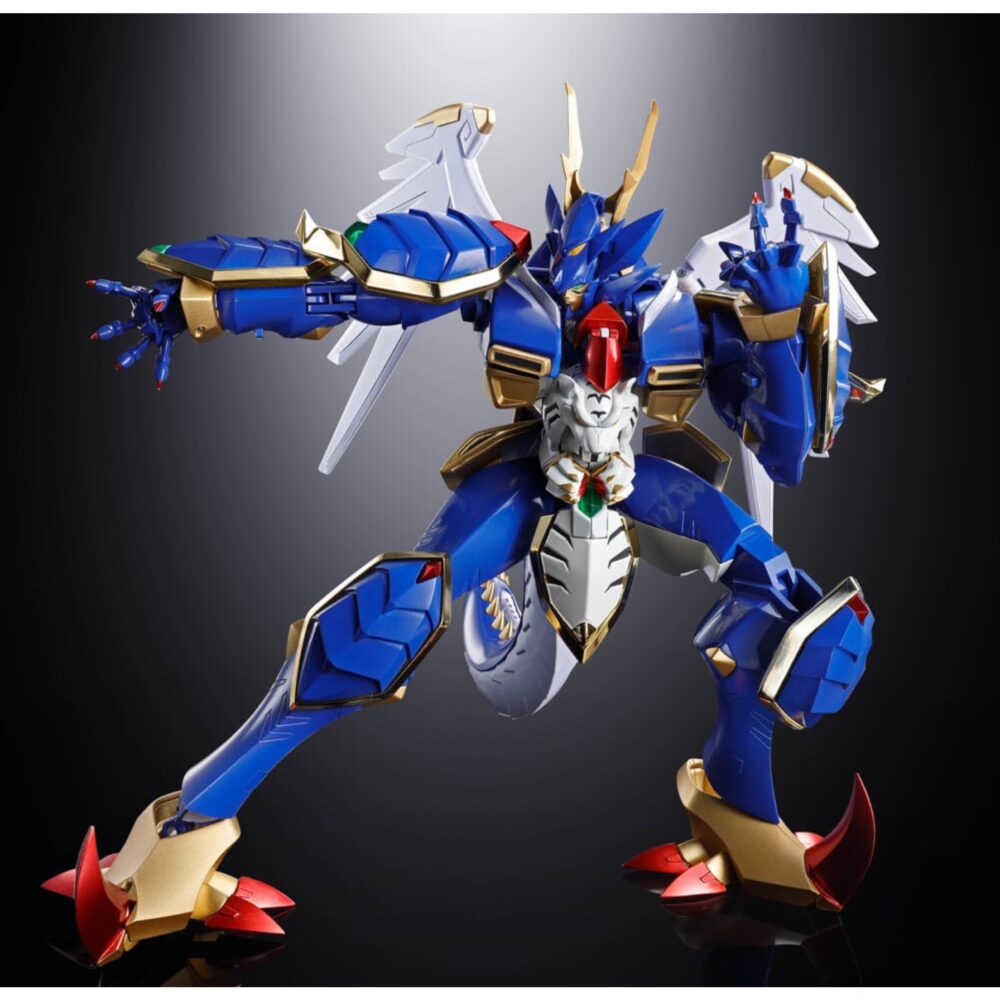 Gx-119 dragon tiger king / tiger dragon king super robot wars og soul of chogokin.  ryuko-o y koryu-o, procedentes del universo super robot wars: original generations, son dos mechas legendarios que destacan por su potencia bruta y su imponente estilo. Figuras emblemáticas de la franquicia, encarnan la dualidad entre la fuerza salvaje y el dominio marcial en un mundo donde reinan los combates entre robots gigantes. La figura gx-119 reúne a estos dos titanes mecánicos en una versión transformable de aspecto majestuoso. Ryuko-o, esbelto, tiene alas y una postura erguida que evoca a una criatura celestial. Koryu-o, más robusto, presenta formas compactas y una musculatura mecánica realzada por sus enormes garras. Juntos, ilustran la complementariedad de dos fuerzas distintas. El nivel de detalle es notable: armaduras metálicas brillantes en azul, blanco y dorado, expresiones feroces, armas imponentes (cetro con orbe verde, espada curva, garras macizas) y elementos móviles como las alas, la cola o los cuernos. Cada pieza está finamente esculpida, con acabados metálicos que acentúan su poderosa presencia. Con una altura de unos 20 cm, esta figura de metal pertenece a la colección soul of chogokin de tamashii nations. El set permite recrear las dos formas con transformación, articulación avanzada y acabado de primera calidad. Una pieza imprescindible para los fans de los mechas tácticos y los robots legendarios.