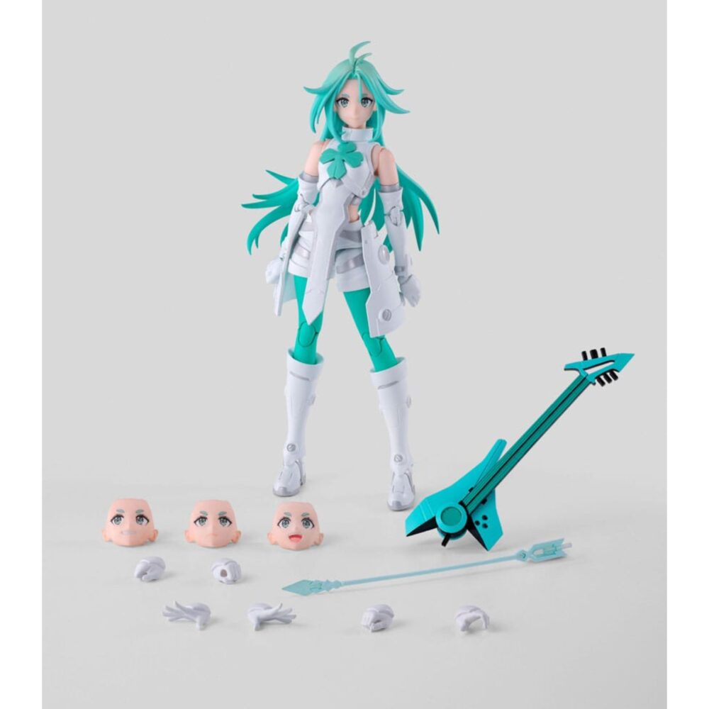 Lucky cyan to be hero x sh figuarts.  en el universo extravagante y futurista de to be hero x, lucky cyan encarna a una heroína pop con aires de guerrera e ídolo virtual. Con su estilo deslumbrante y su energía desbordante, combina actuaciones musicales y enfrentamientos dinámicos en una serie que mezcla humor, acción y estética cyber-pop. La figura la muestra en plena acción, con la guitarra en la mano, lista para lanzar un ataque o un solo devastador. Su expresión decidida, su postura abierta y su brazo extendido reflejan a la perfección su papel de protagonista segura de sí misma, tan carismática como combativa. Su diseño es fiel a la obra: larga melena turquesa en movimiento, traje blanco realzado con toques de verde menta, guantes sin dedos y botas altas a juego. La guitarra futurista que sostiene está esculpida con precisión, con detalles estilizados que acentúan su aspecto electro-pop. Cada elemento visual está pensado para resaltar su identidad sonora y visual. Con una altura de unos 15 cm, esta figura de pvc forma parte de la gama s. H. Figuarts de bandai. Las articulaciones integradas permiten numerosas poses expresivas, mientras que el acabado nítido garantiza una gran legibilidad de los detalles. Perfecta para los fans de los personajes enérgicos y los diseños modernos.