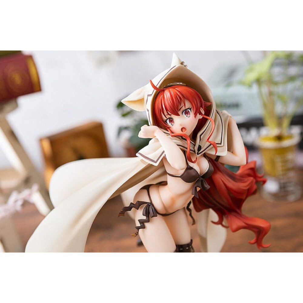 Eris boreas greyrat swimsuit mushoku tensei: jobless reincarnation estatua 1/7.  en mushoku tensei: jobless reincarnation, eris boreas greyrat es una joven noble fogosa con un temperamento explosivo. Como heredera de una familia prestigiosa, creció rodeada de privilegios, pero también de una disciplina estricta, hasta que su camino cambió drásticamente tras conocer a rudeus. Personaje clave de la historia, evoluciona de ser una niña malcriada y de mal genio a convertirse en una joven decidida y más madura. Su trayectoria refleja tanto su fuerte voluntad como su sensibilidad oculta bajo una apariencia dura. Su complicada relación con rudeus y su implacable entrenamiento ponen de relieve su deseo de hacerse más fuerte. La figura la representa con un bañador oscuro de dos piezas con sutiles detalles de lazos y un short a juego. Lleva una gran capa blanca con capucha y orejas estilizadas de gato, que contrastan maravillosamente con su largo cabello rojo ondulado. Sus medias negras hasta los muslos resaltan la elegancia de su silueta. La pose dinámica y la expresión de sorpresa capturan a la perfección su energía y espontaneidad. Fabricada en pvc a escala 1/7, esta figura mide unos 25 centímetros de altura y descansa sobre una base con temática playera con arena esculpida, conchas marinas y detalles de suaves olas. El contraste de texturas entre la tela de la capa, su detallado cabello y el brillante bañador realza el realismo de la pieza.
