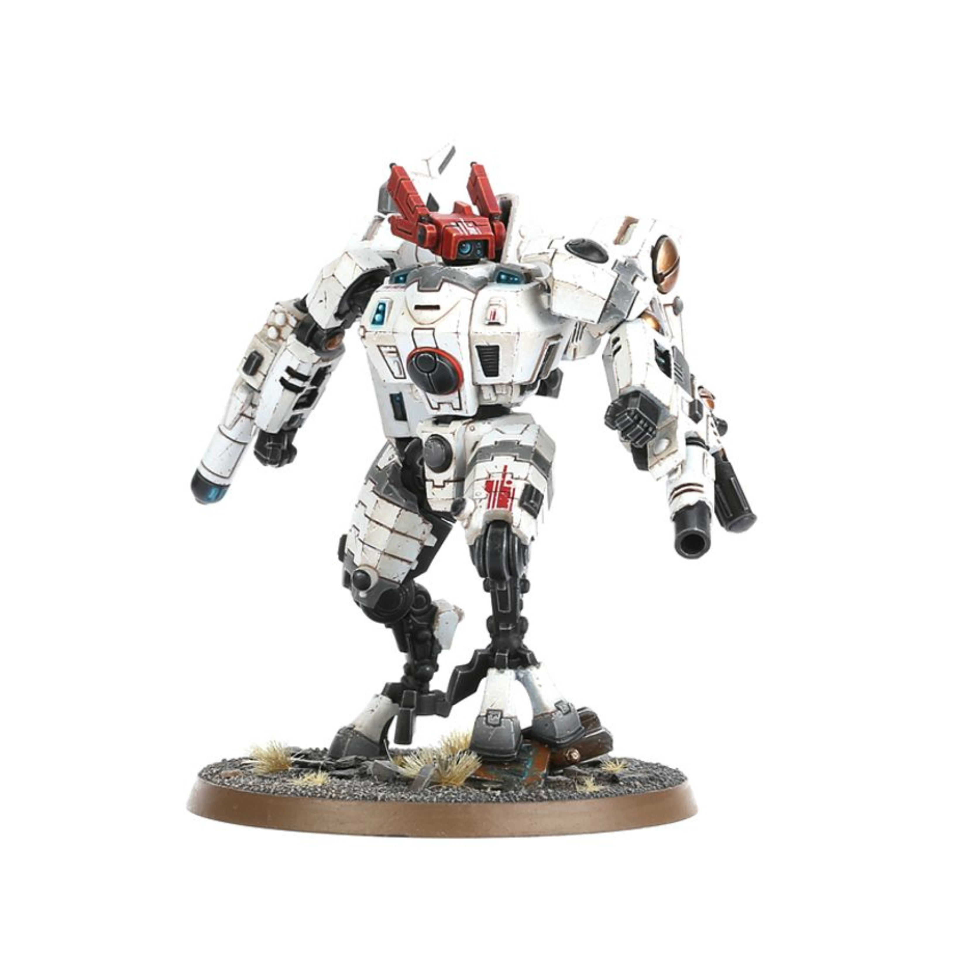 T'AU EMPIRE COMMANDER WARHAMMER 40,000 T'au empire commander warhammer 40,000. Rápidos y letales, los comandantes t'au pilotan exoarmaduras de tamaño y potencia intimidantes. Obviamente el mero hecho de pilotar una enorme exoarmadura no convierte automáticamente a un soldado en comandante; es la astucia estratégica y la capacidad de adaptarse a situaciones impredecibles lo que más distingue a este piloto de los demás. Se necesitan muchísimos años de incansable dedicación para alcanzar este prestigioso rango; todos los comandantes t'au han conseguido su estatus por las malas. Sus exoarmaduras xv85 sentenciador están armadas con una gama de armas enormemente destructivas: lanzallamas, blásteres de iones y eyectores de minas son algunas de las opciones disponibles, junto con contramedidas electrónicas y enormes capacidades de procesamiento de datos que mejoran el rendimiento en batalla. La variante xv86 de la exoarmadura estrella de hielo está cubierta de aletas que la hacen más aerodinámico y le permiten desplazarse a gran velocidad por el campo de batalla, aniquilando a los enemigos con los potentes impactos de su cañón rotativo. Sus contramedidas holofotónicas y los conjuntos de telemetría proporcionan a la estrella de hielo y a su piloto una enorme variedad de información que abrumaría a una mente no entrenada pero que, en este caso, permite a la armadura estrella de hielo elevarse sobre sus enemigos con una agilidad que los sistemas de puntería enemigos no pueden contrarrestar. Con este kit multicomponente de plástico tendrás todo lo que necesitas para montar un comandante t’au con exoarmadura xv-85 sentenciador o con exoarmadura xv86 estrella de hielo. Hay una inmensa cantidad de opciones disponibles en la caja: diferentes cabezas, motores, brazos y piernas, ¡y un montón de armas! Un eyector de minas aéreas, un fusil de plasma, un lanzallamas, un bláster fundidor, un ciclobláster iónico, un cañón rotativo (con kit de mejoras) y un módulo lanzamisiles. También incluye un dron, que puede montarse como un dron de combate, un dron de defensa o un dron telemétrico. Este kit contiene 77 componentes y una peana redonda citadel de 60 mm. Esta miniatura se vende sin pintar y sin montar; recomendamos usar pegamento para plástico citadel y pinturas citadel colour. Las miniaturas se proporcionan sin montar ni pintar. Recomendamos usar pegamento para plástico citadel y pinturas citadel colour.