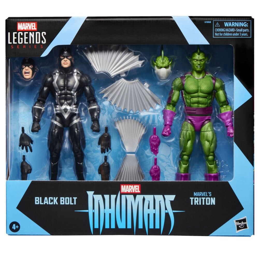 BLACK BOLT AND TRITON INHUMANS MARVEL LEGENDS SERIES. Hasbro suma a la colección Marvel Legends Series este pack de dos figuras articuladas de Black Bolt (Rayo Negro en España) y Triton, dos de los Inhumanos más famosos de los comics de Marvel. Cada figura mide aproximadamente 15 cm y cuenta con un acabado premium que reproduce con gran detalle el estilo clásico de los cómics. El pack incluye como accesorios 4x manos, 4x alas y 1x cabeza alternativa con la boca abierta para la figura de Black Bolt, además de 1x par de manos y 1x cabeza adicionales para la de Triton. Cada figura cuenta con más de 20 puntos de articulación, lo que permite recrear diversas poses dinámicas. Se presenta en una caja ilustrada de edición especial. UNIDADES LIMITADAS.