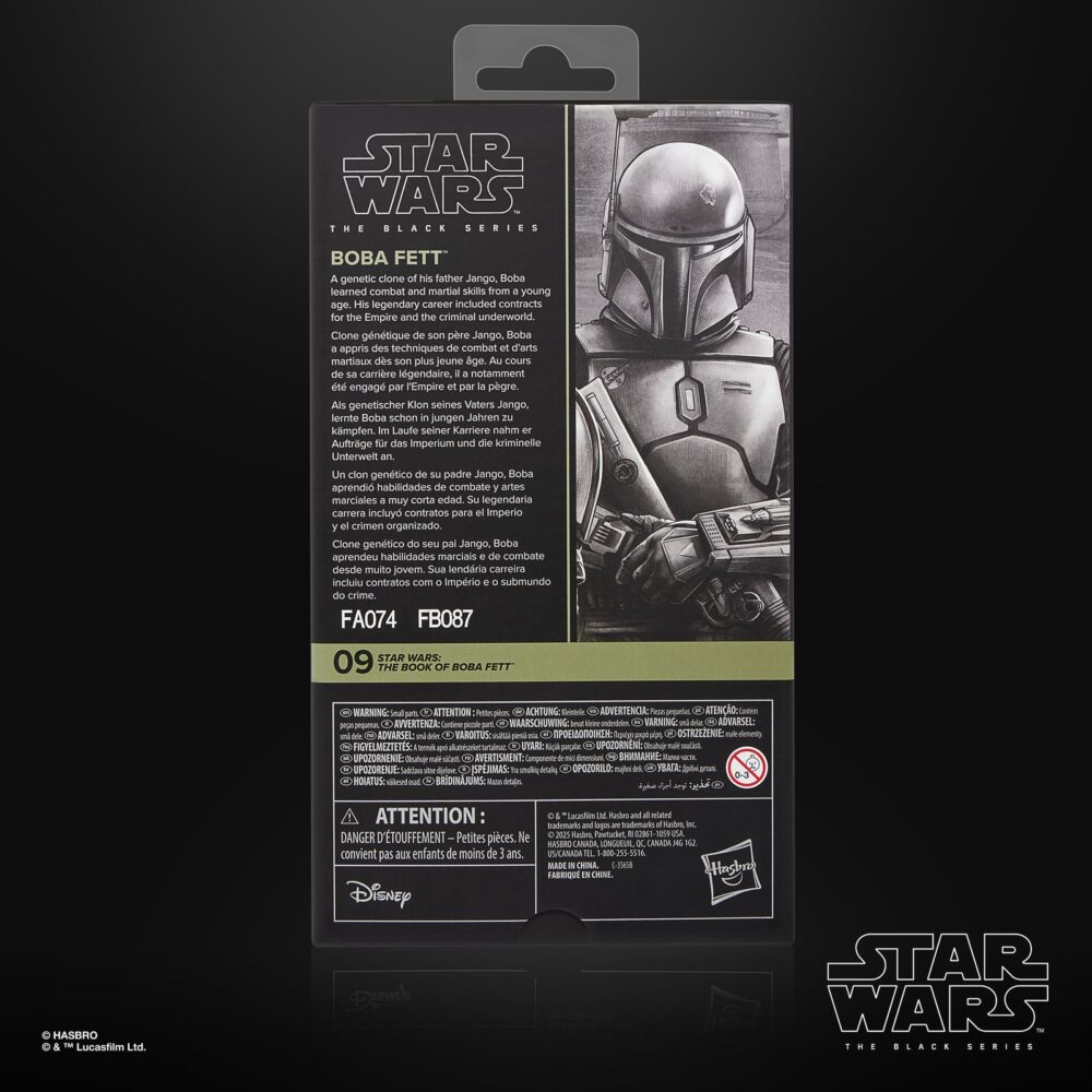 Boba fett (the book of boba fett) black series star wars. Hasbro añade a su colección the black series la figura premium de boba fett, basada en su aparición en la serie de disney+ "star wars: the book of boba fett" ("star wars: el libro de boba fett" en españa). Esta figura de 15 cm destaca por su sus detalles realistas y múltiples puntos de articulación. Incluye 1x casco extraíble, 1x bláster, 1x rifle láser y 1x mochila-propulsora con cohete desmontable. Presenta una capa de tela y un diseño inspirado en su emblemática armadura mandaloriana. Se presenta en una caja con ventana ilustrada.   unidades limitadas.
