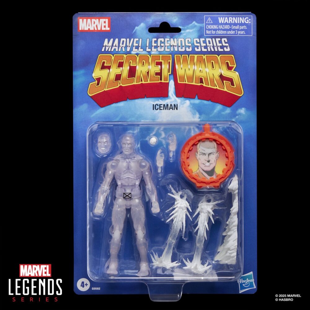 Iceman secret wars marvel legends series. Hasbro presenta dentro de la colección marvel legends series esta figura retro del mutante iceman (conocido como el hombre de hielo en españa), basada en su aparición en la saga de cómics "secret wars" de marvel. Mide aproximadamente 15 cm. Y sus articulaciones permiten recrear poses dinámicas para su exhibición. Incluye 1x cabeza adicional, 1x par de manos alternativas, 2x efectos de ataque gélido, 1x tobogán de hielo, 1x bola de nieve y 1x escudo como el de las figuras de los años 80. En este caso, la lámina lenticular del escudo cambia entre la cara del hombre de hielo y su alter ego bobby drake. Se presenta en blíster estilo retro con ilustraciones inspiradas en los cómics.   unidades limitadas.