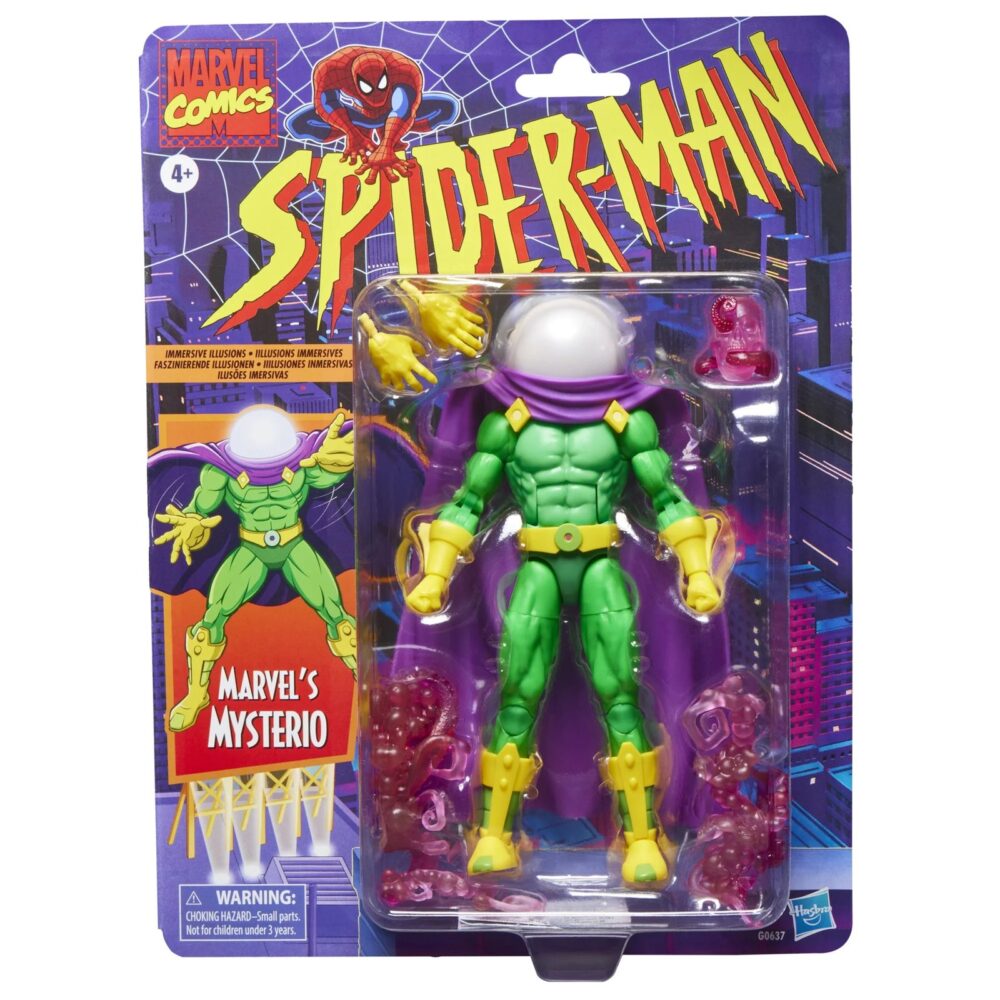 Mysterio spider-man: the animated series marvel legends series. Hasbro presenta, dentro de la colección marvel legends series, esta figura articulada de mysterio inspirada en su apariencia en la serie "spider-man: the animated series". Mide aproximadamente 15 cm. Y sus articulaciones permiten recrear poses dinámicas para su exhibición. Cuenta con un diseño premium, fiel a su aspecto en la serie de animación. Incluye 1x cabeza alternativa sin casco con el rostro de quentin beck, 2x manos adicionales y 3x piezas de efectos visuales (2 espirales de humo y 1 de calavera). Se presenta en un blíster estilo retro con ilustraciones. Unidades limitadas.