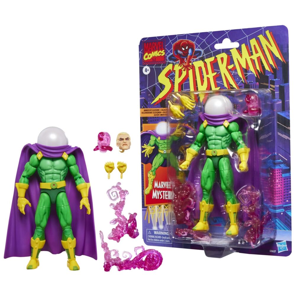 Mysterio spider-man: the animated series marvel legends series. Hasbro presenta, dentro de la colección marvel legends series, esta figura articulada de mysterio inspirada en su apariencia en la serie "spider-man: the animated series". Mide aproximadamente 15 cm. Y sus articulaciones permiten recrear poses dinámicas para su exhibición. Cuenta con un diseño premium, fiel a su aspecto en la serie de animación. Incluye 1x cabeza alternativa sin casco con el rostro de quentin beck, 2x manos adicionales y 3x piezas de efectos visuales (2 espirales de humo y 1 de calavera). Se presenta en un blíster estilo retro con ilustraciones. Unidades limitadas.