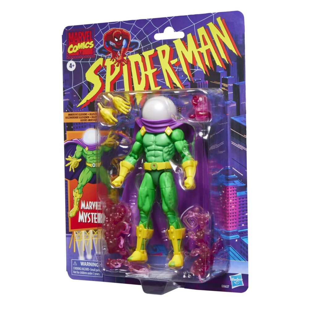 Mysterio spider-man: the animated series marvel legends series. Hasbro presenta, dentro de la colección marvel legends series, esta figura articulada de mysterio inspirada en su apariencia en la serie "spider-man: the animated series". Mide aproximadamente 15 cm. Y sus articulaciones permiten recrear poses dinámicas para su exhibición. Cuenta con un diseño premium, fiel a su aspecto en la serie de animación. Incluye 1x cabeza alternativa sin casco con el rostro de quentin beck, 2x manos adicionales y 3x piezas de efectos visuales (2 espirales de humo y 1 de calavera). Se presenta en un blíster estilo retro con ilustraciones. Unidades limitadas.