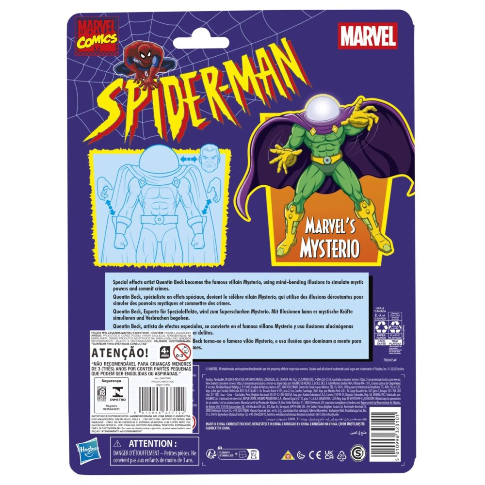Mysterio spider-man: the animated series marvel legends series. Hasbro presenta, dentro de la colección marvel legends series, esta figura articulada de mysterio inspirada en su apariencia en la serie "spider-man: the animated series". Mide aproximadamente 15 cm. Y sus articulaciones permiten recrear poses dinámicas para su exhibición. Cuenta con un diseño premium, fiel a su aspecto en la serie de animación. Incluye 1x cabeza alternativa sin casco con el rostro de quentin beck, 2x manos adicionales y 3x piezas de efectos visuales (2 espirales de humo y 1 de calavera). Se presenta en un blíster estilo retro con ilustraciones. Unidades limitadas.