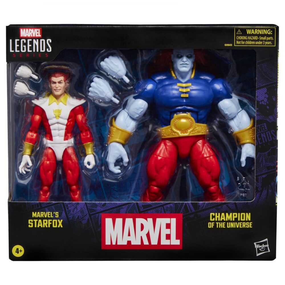 STARFOX & CHAMPION OF THE UNIVERSE MARVEL LEGENDS SERIES. Hasbro suma a la colección Marvel Legends Series este pack de dos figuras articuladas de Starfox (también conocido como Eros) y de Champion of the Universe (Campeón del Universo en España), inspirados en su apariencia en los cómics de "Marvel". Miden 15 cm, cuentan con más de 20 puntos de articulación y un detallado diseño premium fiel a los personajes. El set incluye como accesorios 2x manos alternativas para Starfox y otras 2x manos adicionales para Champion of the Universe. Se presentan en una caja con ventana ideal para exhibición. UNIDADES LIMITADAS.