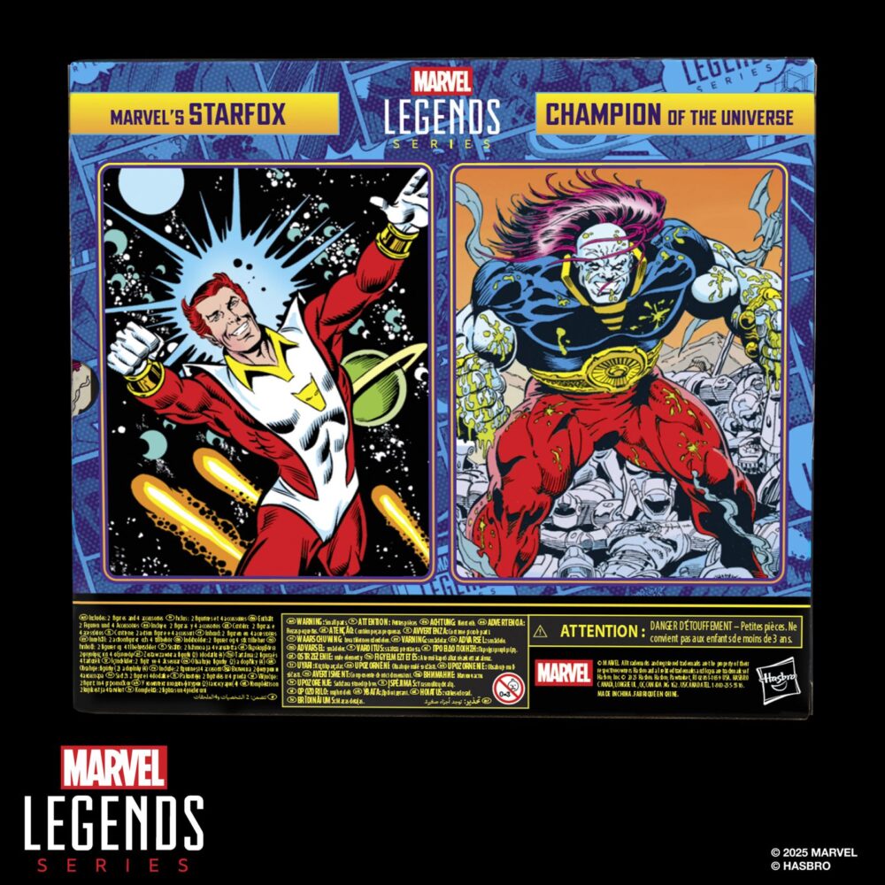 Starfox & champion of the universe marvel legends series. Hasbro suma a la colección marvel legends series este pack de dos figuras articuladas de starfox (también conocido como eros) y de champion of the universe (campeón del universo en españa), inspirados en su apariencia en los cómics de "marvel". Miden 15 cm, cuentan con más de 20 puntos de articulación y un detallado diseño premium fiel a los personajes. El set incluye como accesorios 2x manos alternativas para starfox y otras 2x manos adicionales para champion of the universe. Se presentan en una caja con ventana ideal para exhibición. Unidades limitadas.