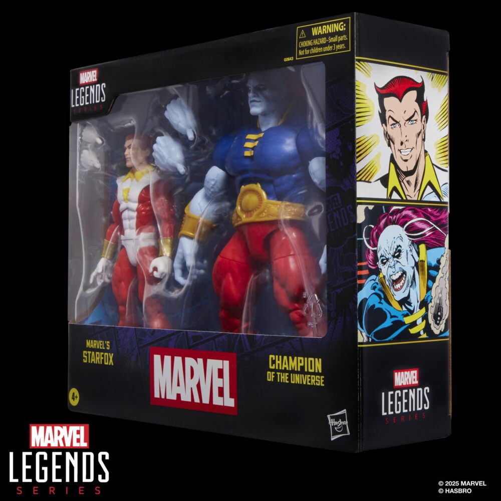 STARFOX & CHAMPION OF THE UNIVERSE MARVEL LEGENDS SERIES. Hasbro suma a la colección Marvel Legends Series este pack de dos figuras articuladas de Starfox (también conocido como Eros) y de Champion of the Universe (Campeón del Universo en España), inspirados en su apariencia en los cómics de "Marvel". Miden 15 cm, cuentan con más de 20 puntos de articulación y un detallado diseño premium fiel a los personajes. El set incluye como accesorios 2x manos alternativas para Starfox y otras 2x manos adicionales para Champion of the Universe. Se presentan en una caja con ventana ideal para exhibición. UNIDADES LIMITADAS.